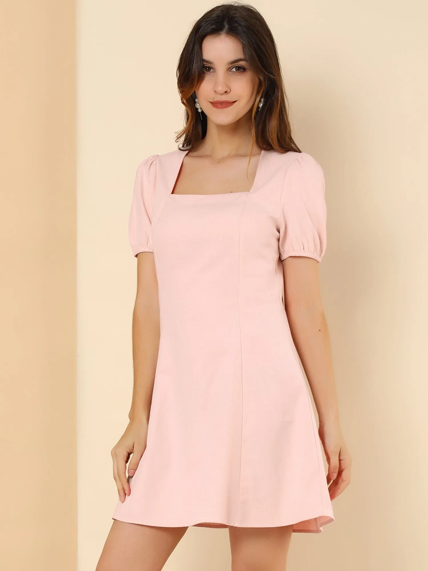 Elegant Square Neck Solid Color Puff Sleeve A-Line Short Dress sold by Allegra K product image thumbnail 2