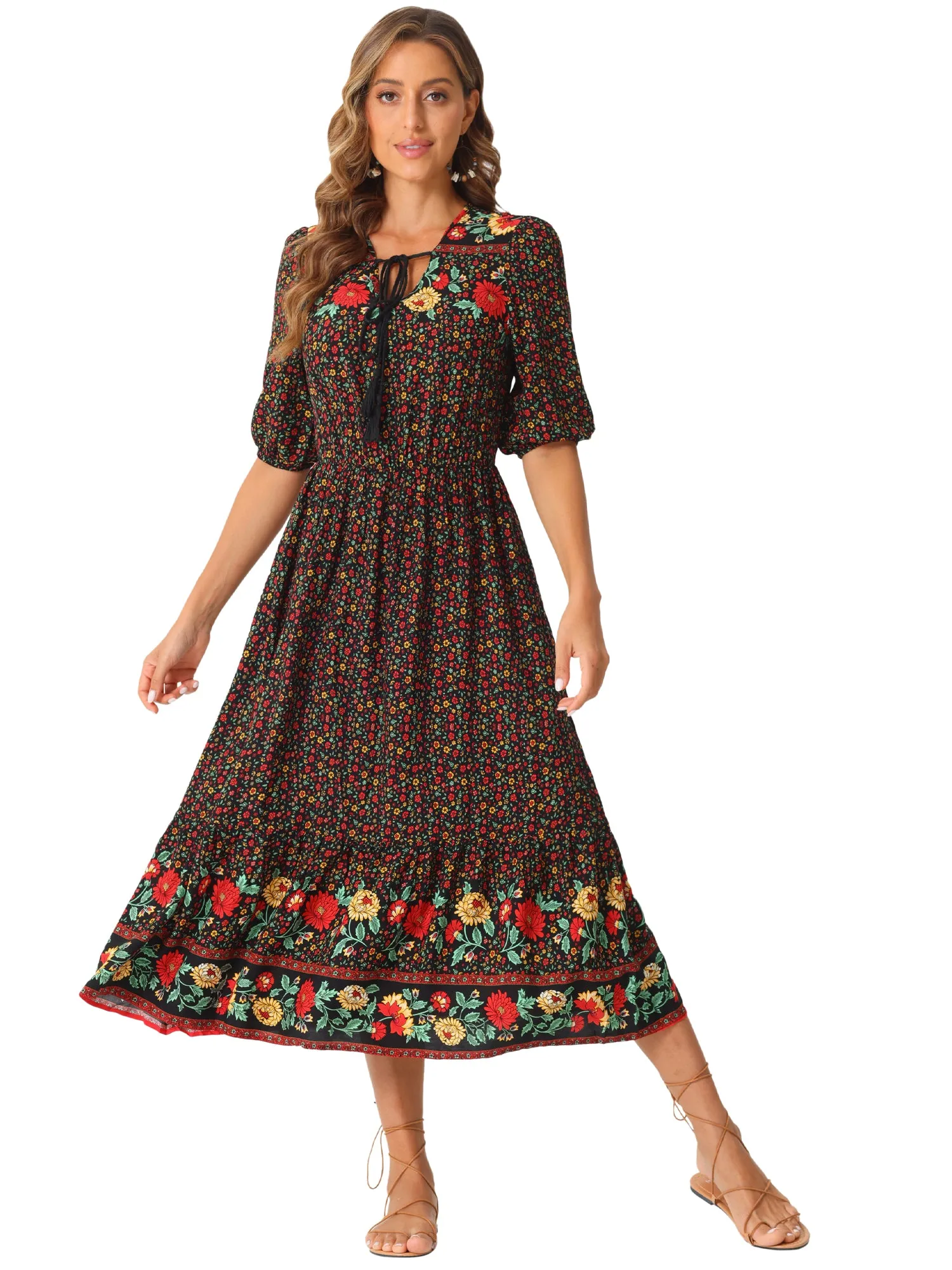 Drawstring Pockets Short Sleeve Floral Boho Midi Dress sold by Allegra K product image thumbnail 4