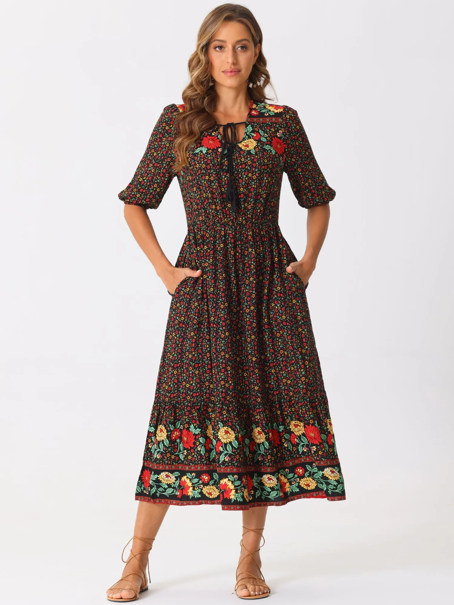 Drawstring Pockets Short Sleeve Floral Boho Midi Dress sold by Allegra K