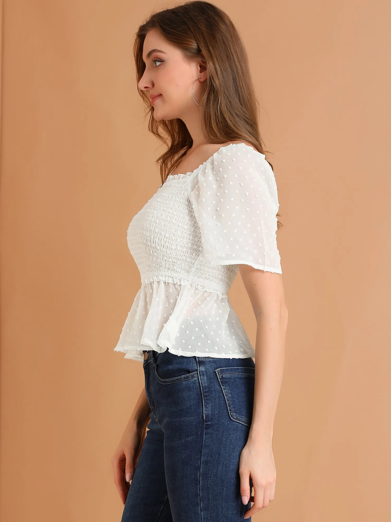 Smocked Square Neck Semi-Sheer Ruffle Summer Swiss Dots Blouse sold by Allegra K product image thumbnail 4