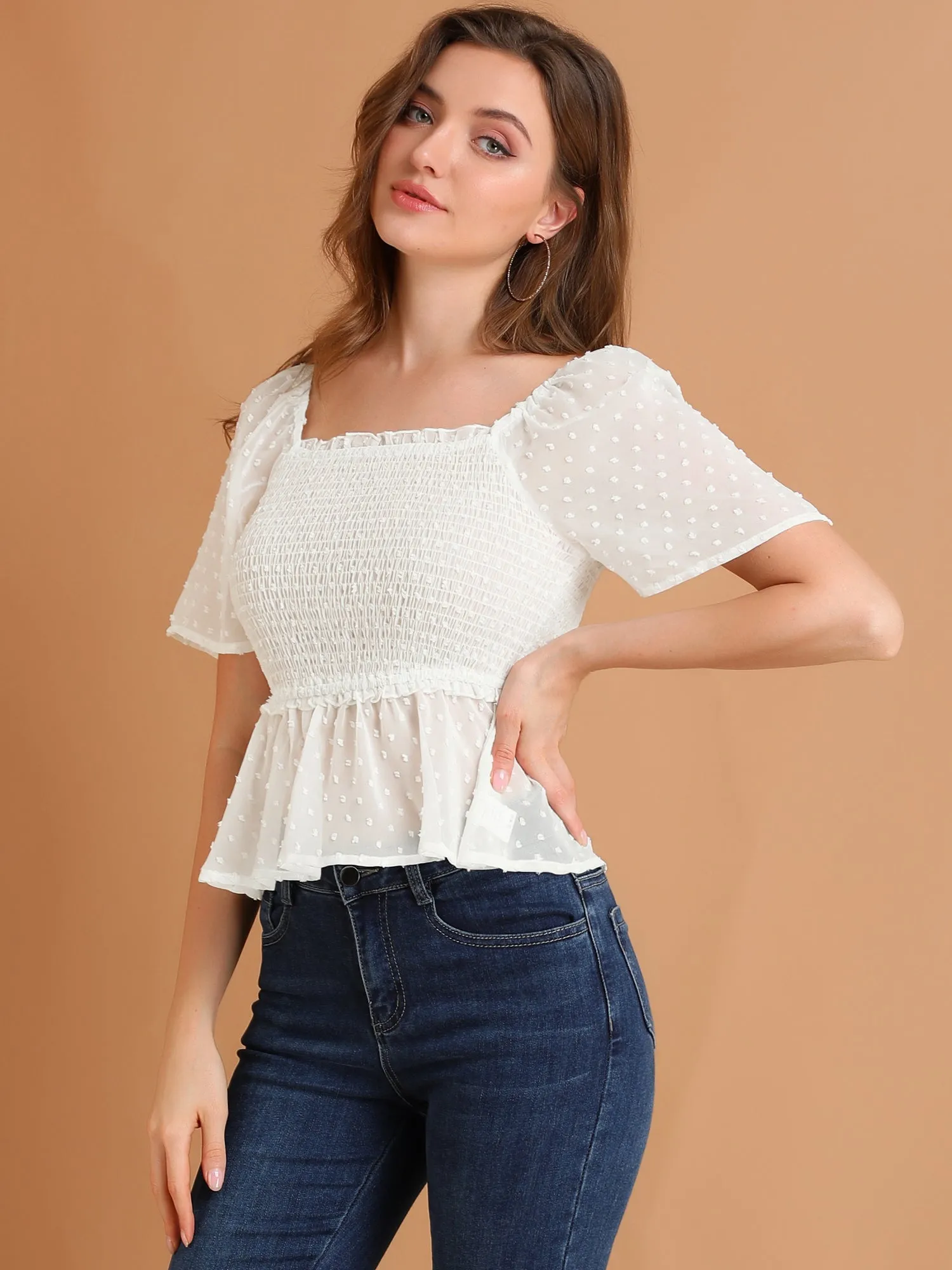 Smocked Square Neck Semi-Sheer Ruffle Summer Swiss Dots Blouse sold by Allegra K product image thumbnail 3