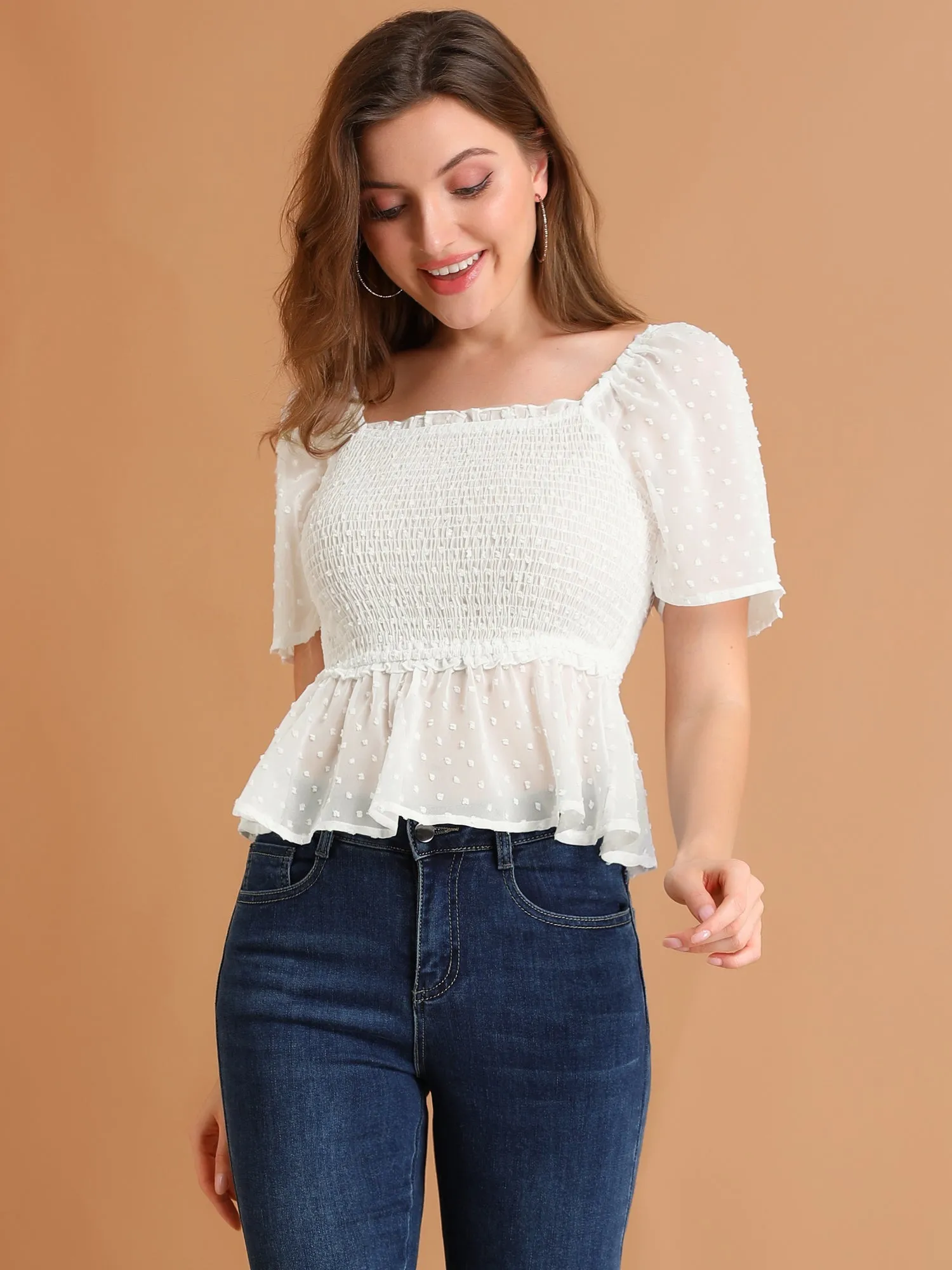 Smocked Square Neck Semi-Sheer Ruffle Summer Swiss Dots Blouse sold by Allegra K product image thumbnail 2