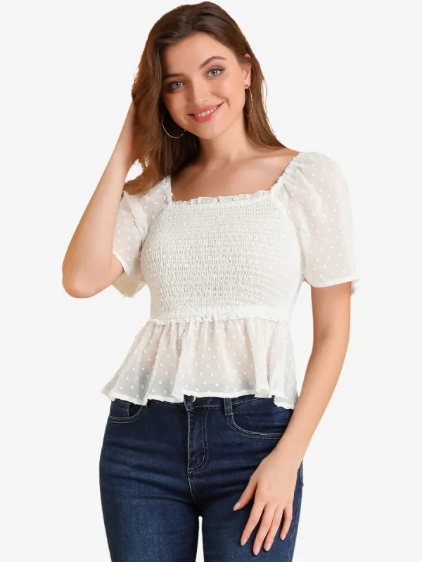 Smocked Square Neck Semi-Sheer Ruffle Summer Swiss Dots Blouse sold by Allegra K