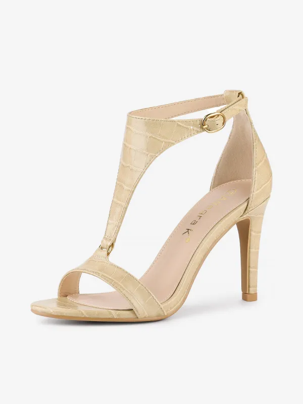 T-Strap Croc Embossed Stiletto Heel Buckle Closure Sandals sold by Allegra K