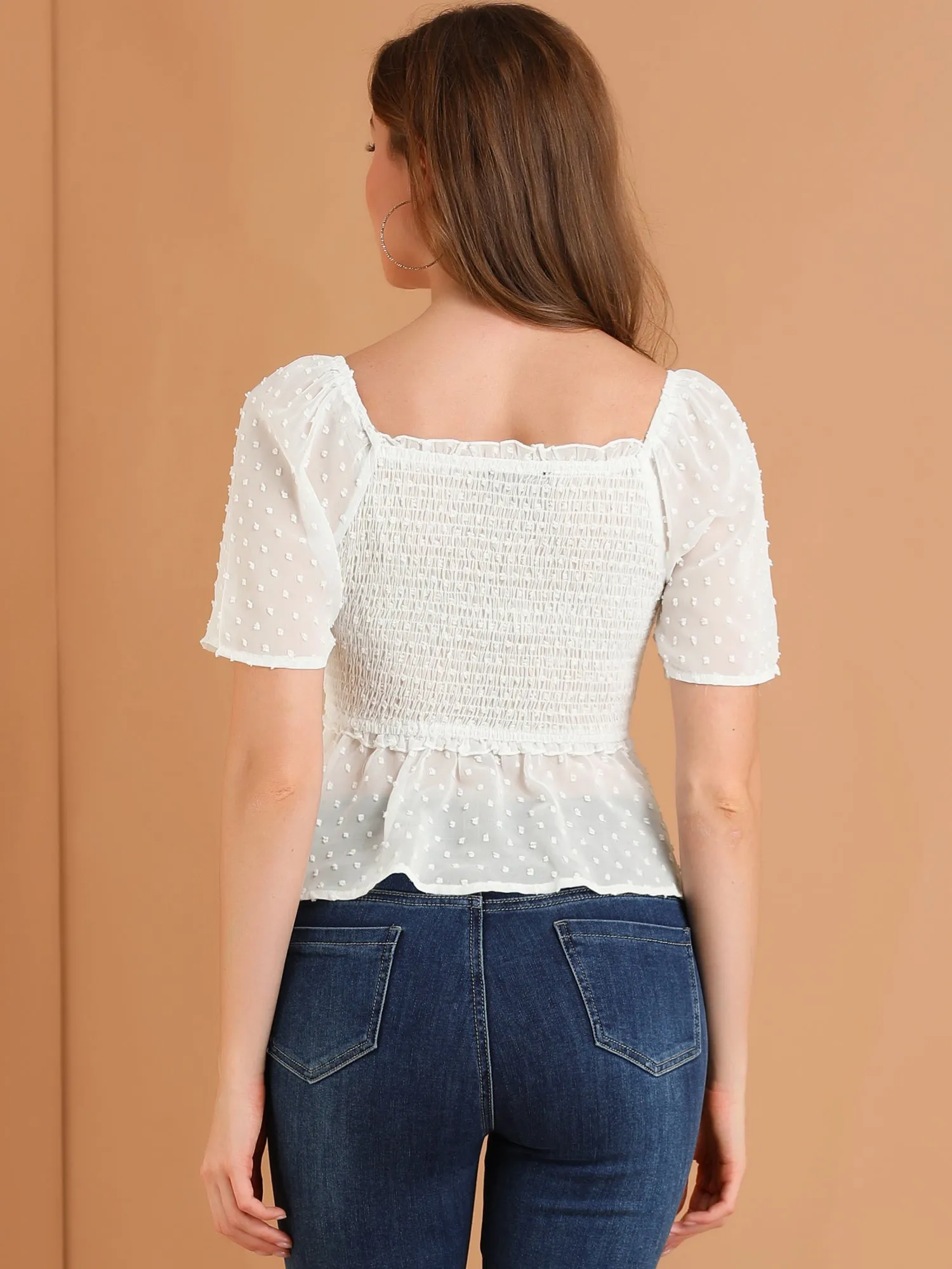 Smocked Square Neck Semi-Sheer Ruffle Summer Swiss Dots Blouse sold by Allegra K product image thumbnail 5