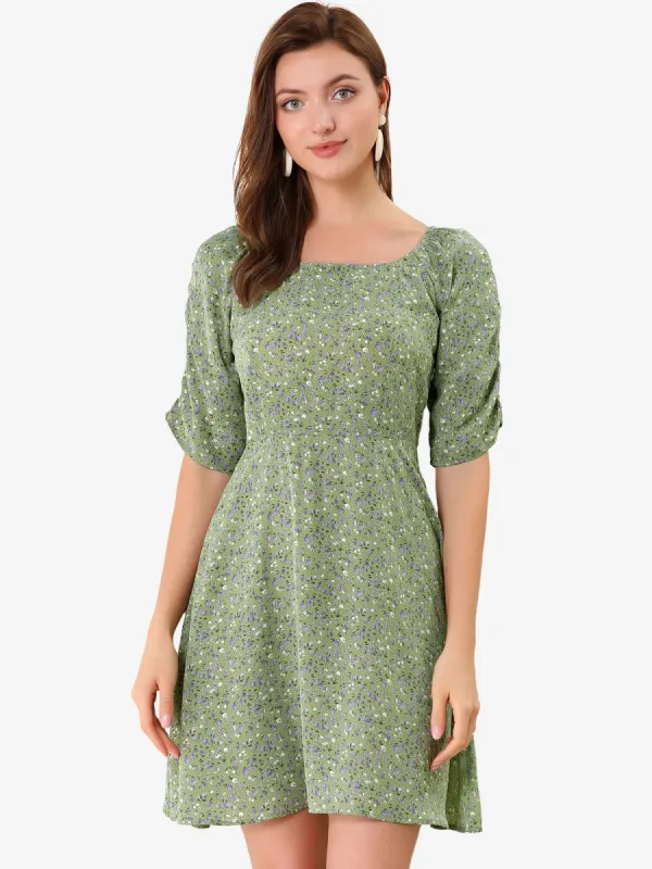 Smocked Puff Sleeve Square Neck A-Line Weekend Dress sold by Allegra K
