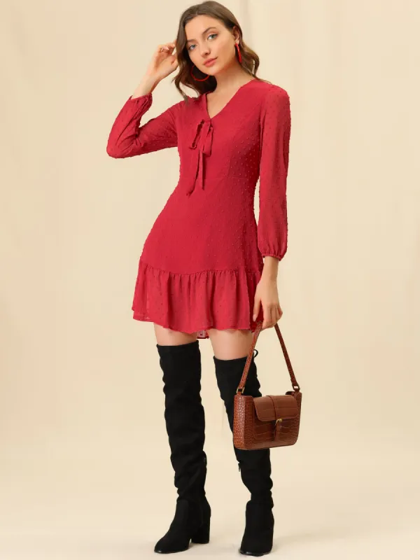Long Sleeve Bow Tie Decor V Neck Ruffle Hem Swiss Dot Dress sold by Allegra K