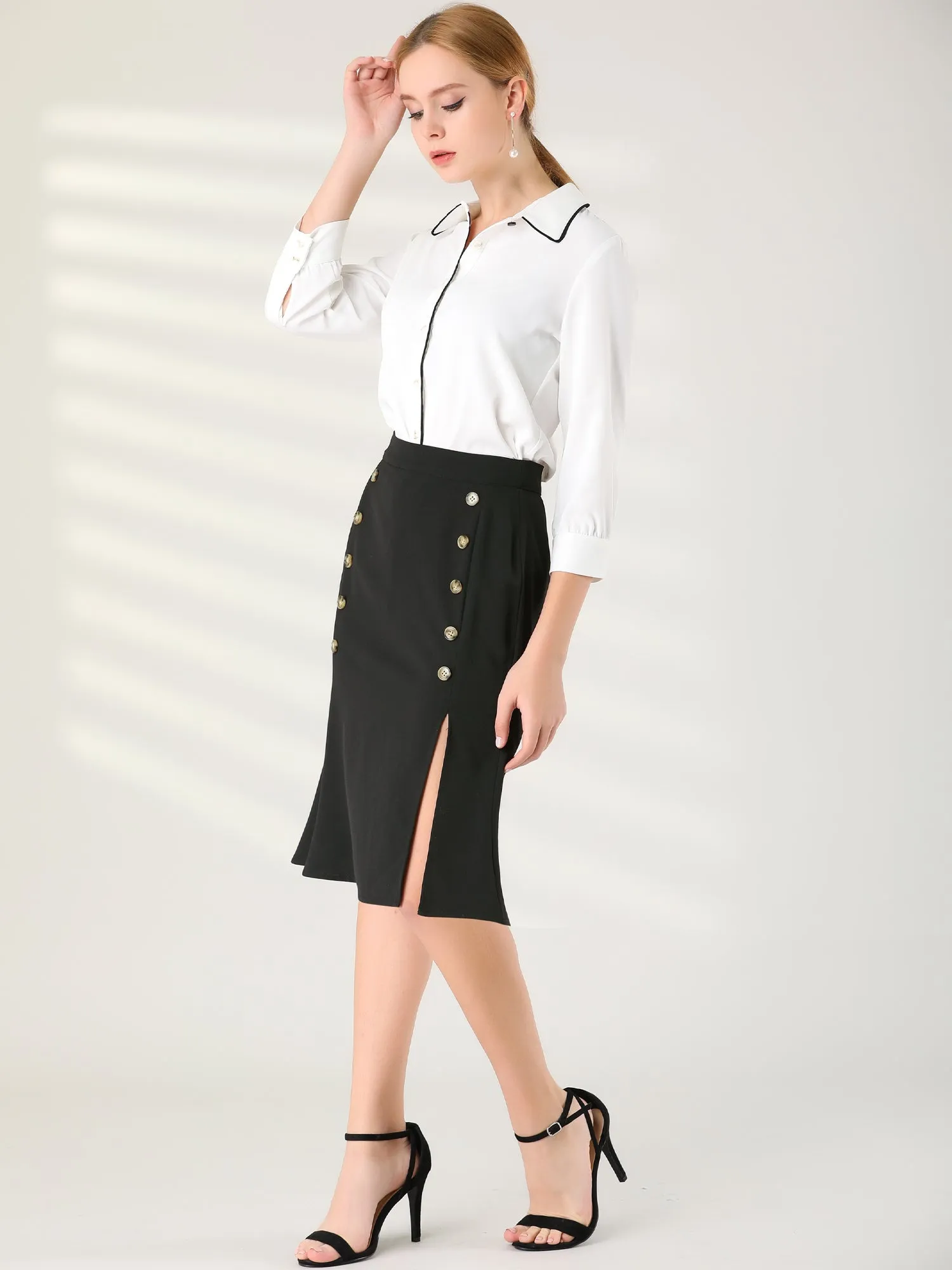 Work Button Decor Elastic Waist Split Office Business Skirt sold by Allegra K