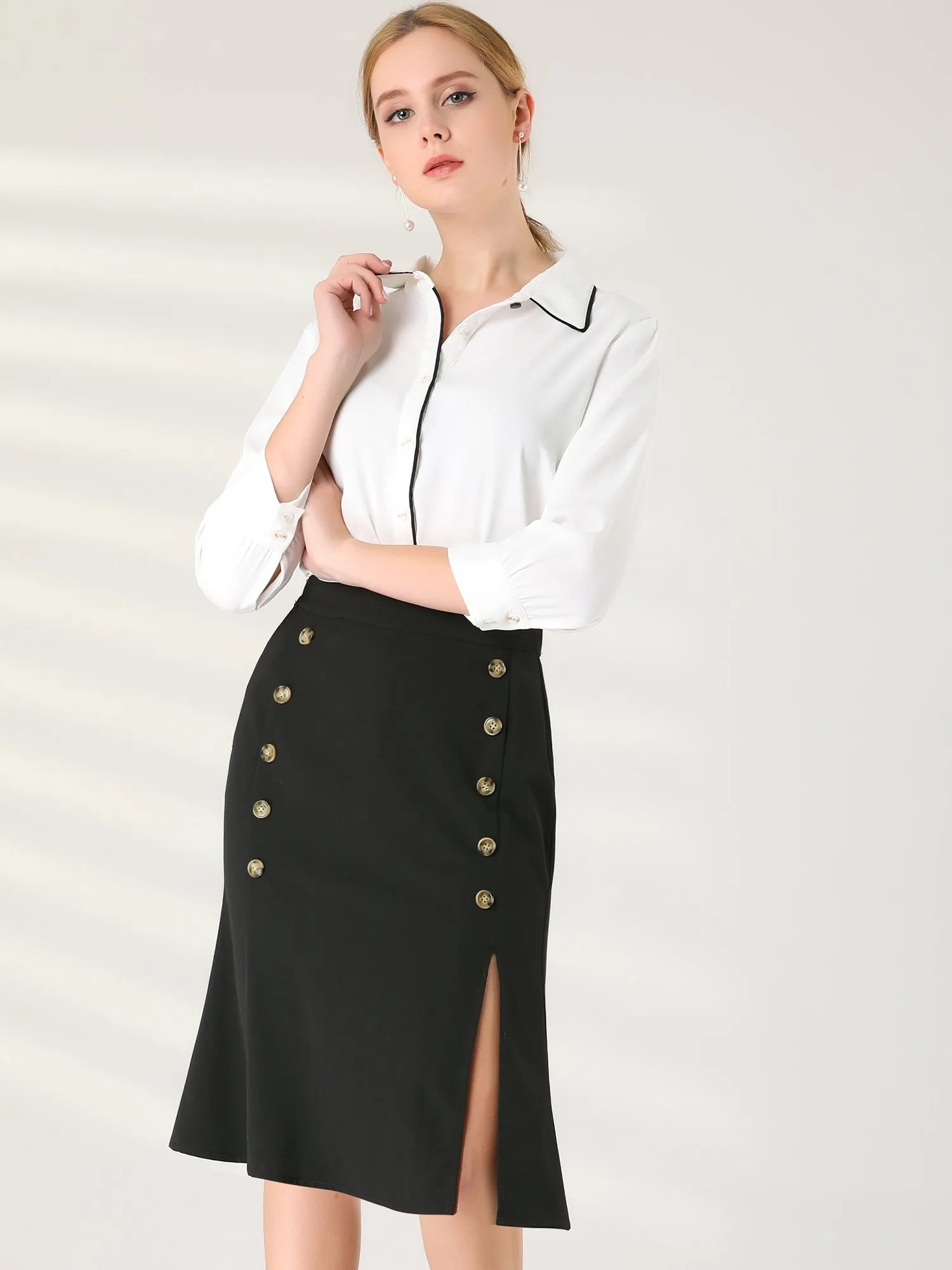 Work Button Decor Elastic Waist Split Office Business Skirt sold by Allegra K product image thumbnail 2