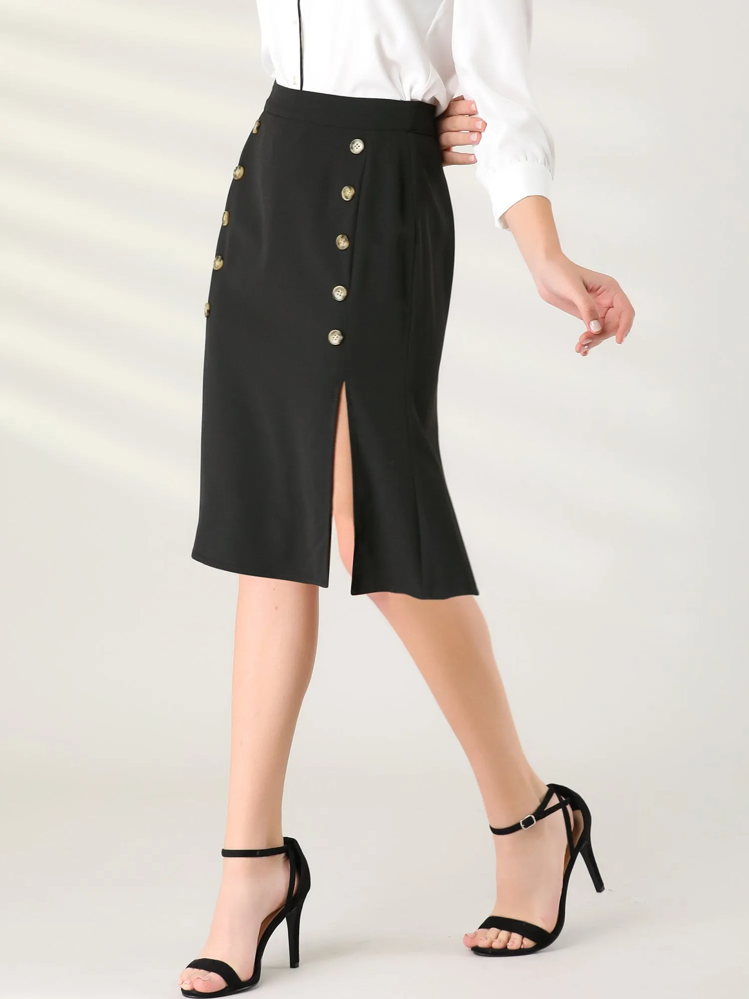 Work Button Decor Elastic Waist Split Office Business Skirt sold by Allegra K product image thumbnail 3