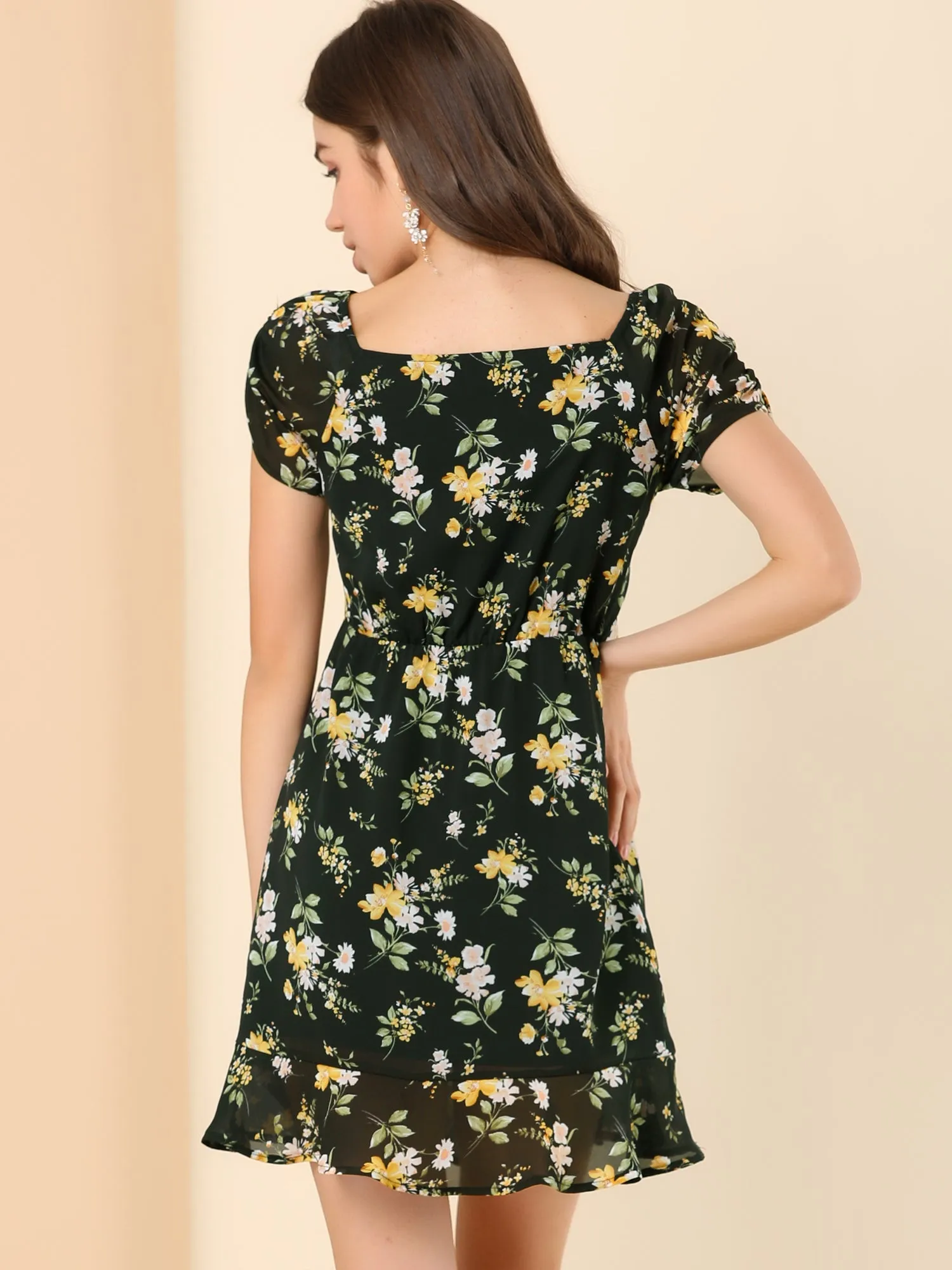 Puff Short Sleeve Ruched Ruffle Hem Floral Dress sold by Allegra K product image thumbnail 5