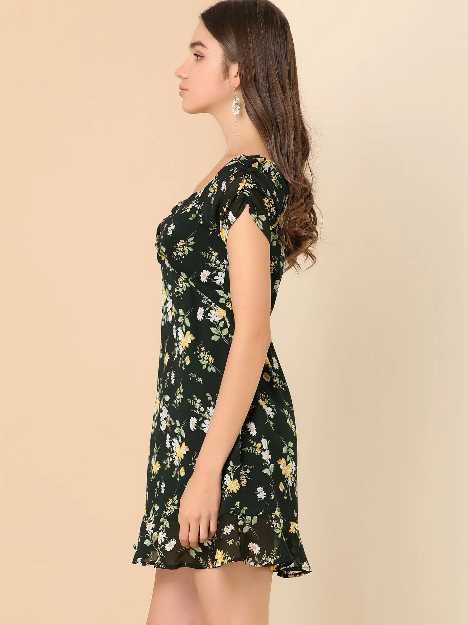 Puff Short Sleeve Ruched Ruffle Hem Floral Dress sold by Allegra K product image thumbnail 4