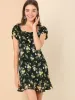 Puff Short Sleeve Ruched Ruffle Hem Floral Dress sold by Allegra K