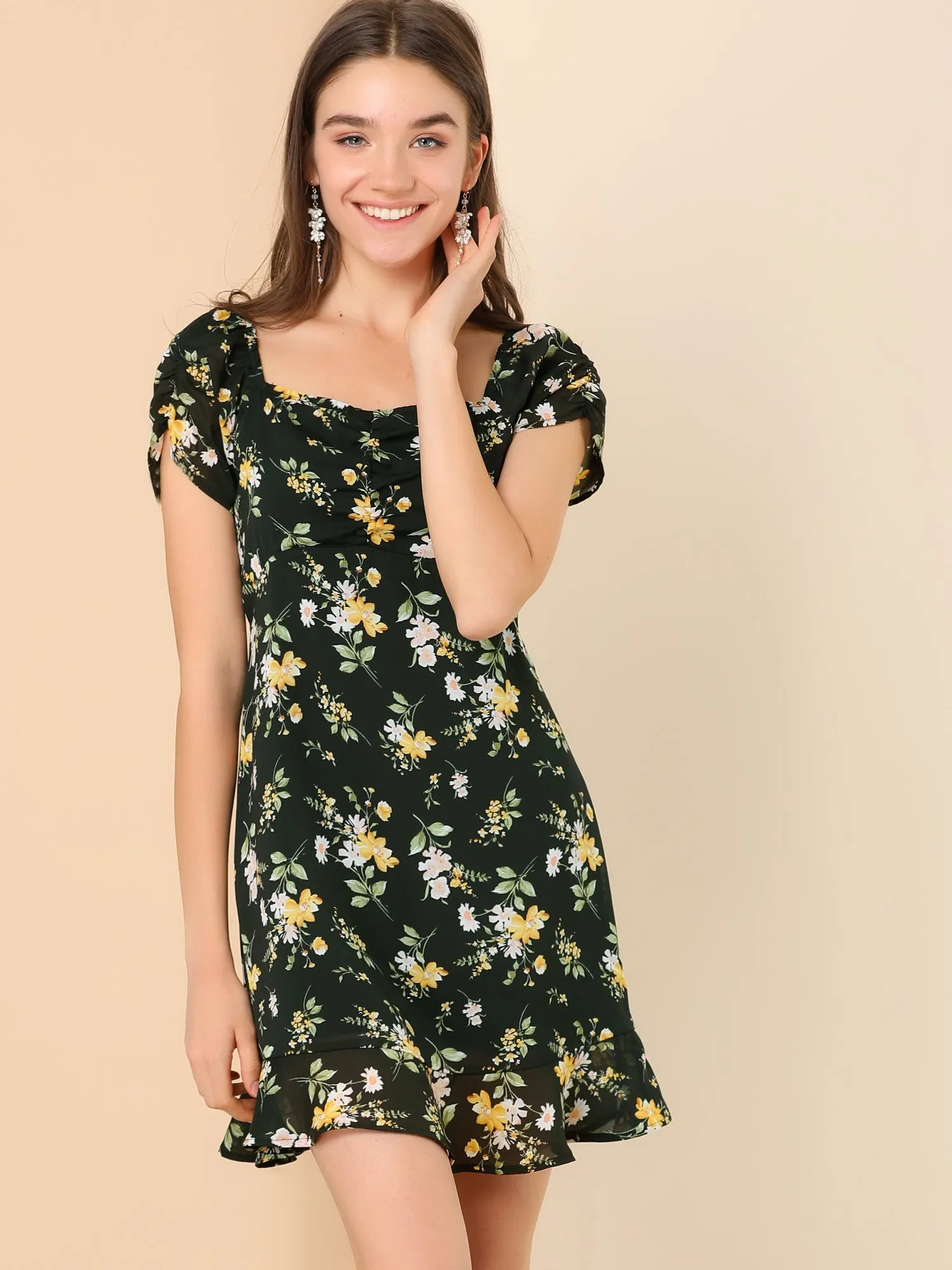 Puff Short Sleeve Ruched Ruffle Hem Floral Dress sold by Allegra K product image thumbnail 3