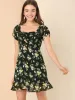 Puff Short Sleeve Ruched Ruffle Hem Floral Dress sold by Allegra K