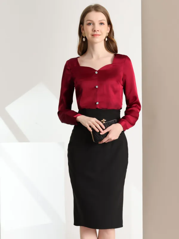 Elegant Sweetheart Neck Button Decor Long Sleeve Satin Blouse sold by Allegra K