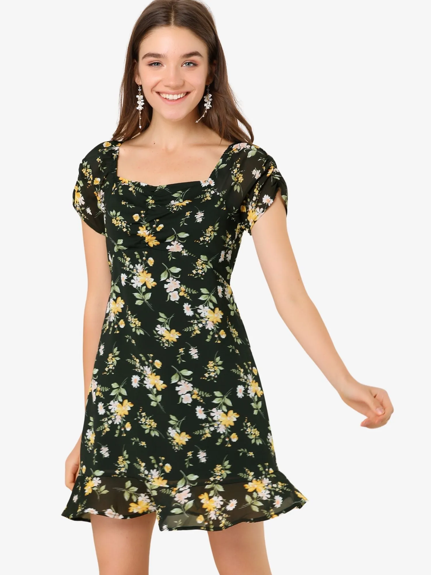 Puff Short Sleeve Ruched Ruffle Hem Floral Dress sold by Allegra K