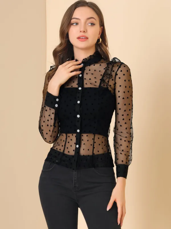 Ruffled Neck Shirt Sexy Sheer Mesh Casual Hearts Button Up Top sold by Allegra K