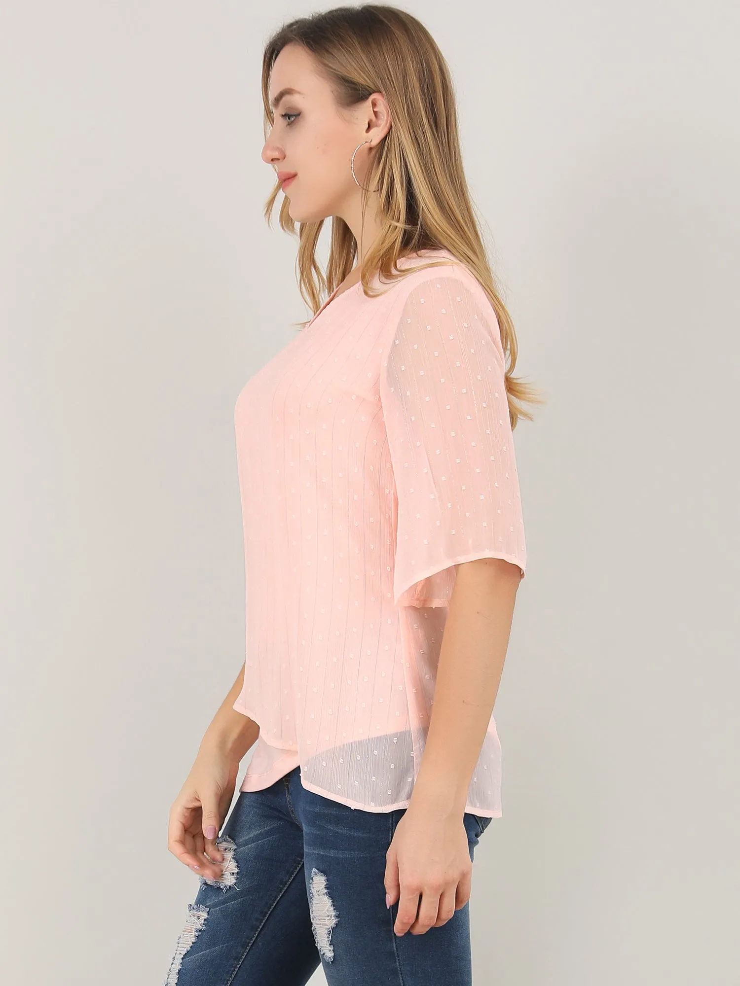 Bell Sleeve Layered Blouse Swiss Dots Chiffon Asymmetrical Tops sold by Allegra K product image thumbnail 3