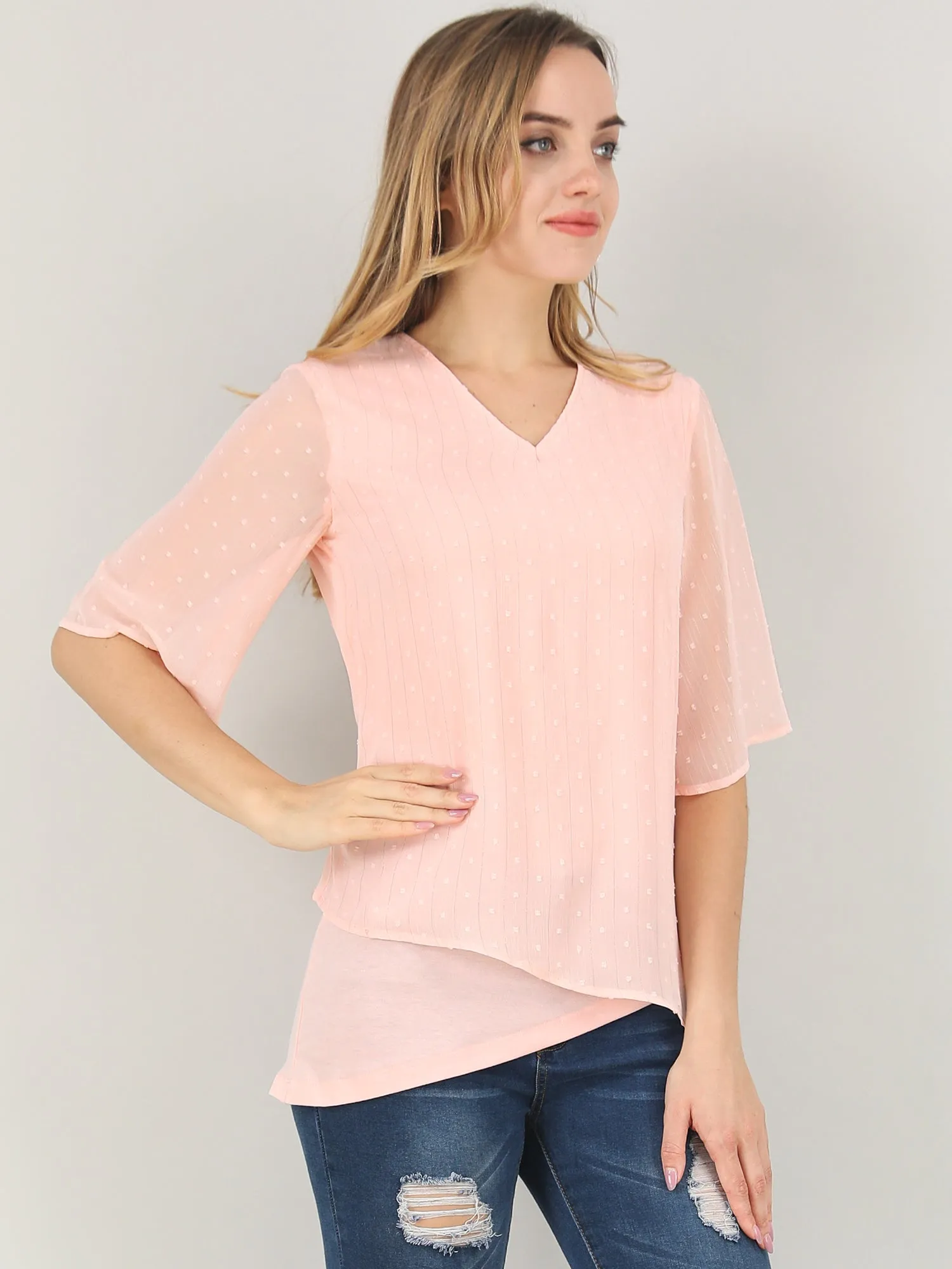 Bell Sleeve Layered Blouse Swiss Dots Chiffon Asymmetrical Tops sold by Allegra K