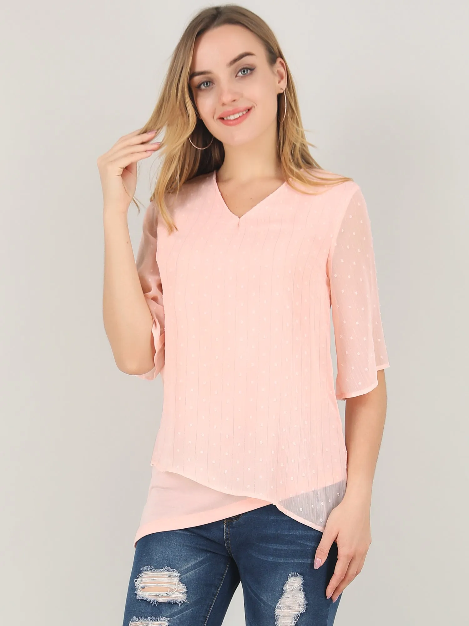 Bell Sleeve Layered Blouse Swiss Dots Chiffon Asymmetrical Tops sold by Allegra K product image thumbnail 2