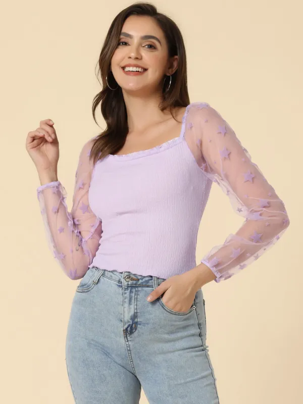 Sheer Star Long Sleeve Square Neck Sexy Textured Gothic Crop Top sold by Allegra K