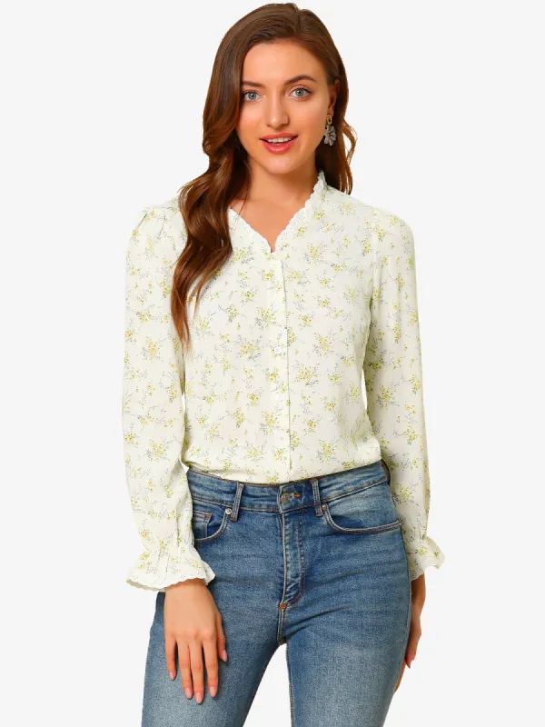 Ruffled Floral Blouse Crochet Trim V Neck Long Sleeve Chiffon Top sold by Allegra K