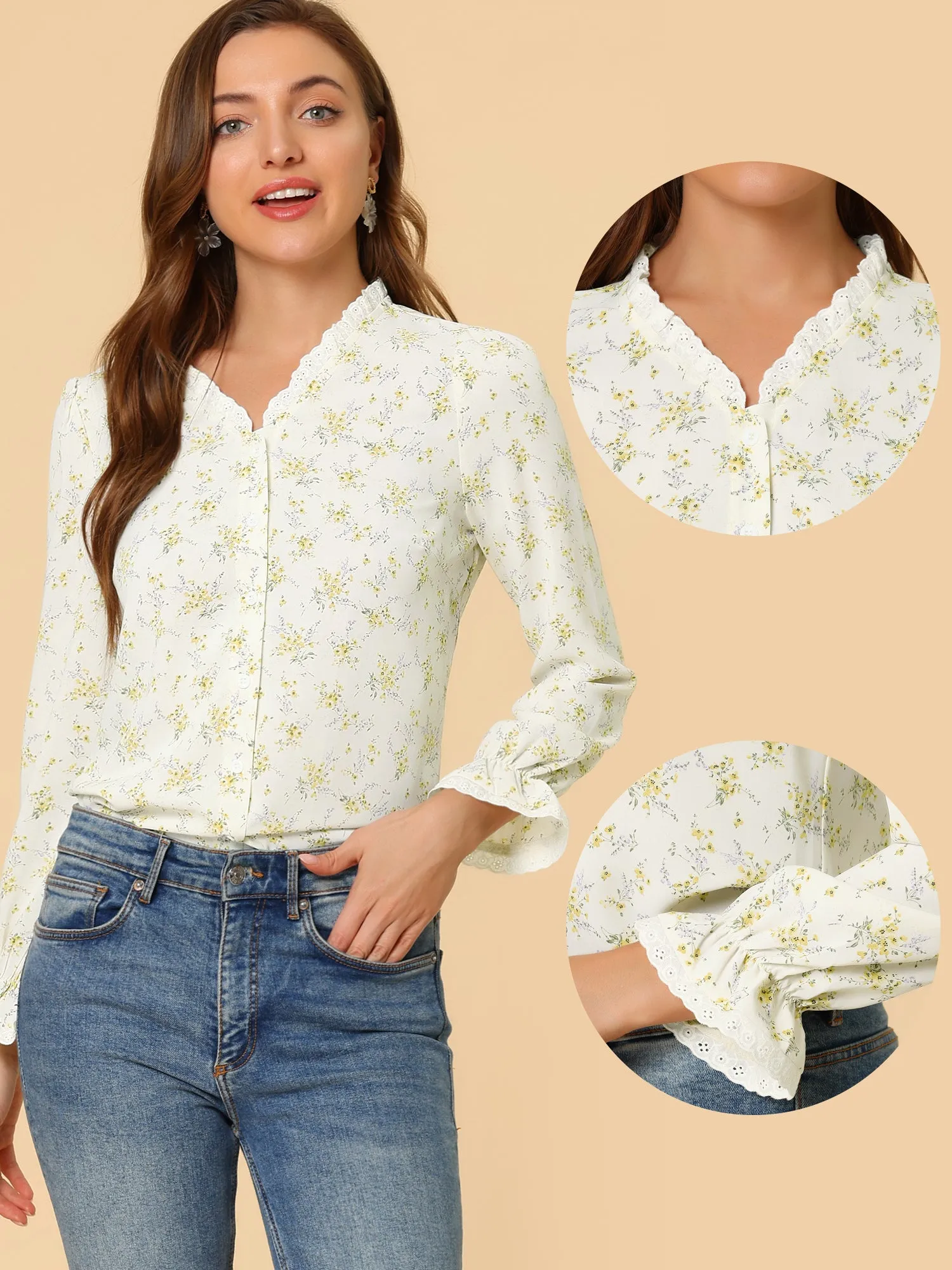 Ruffled Floral Blouse Crochet Trim V Neck Long Sleeve Chiffon Top sold by Allegra K product image thumbnail 2