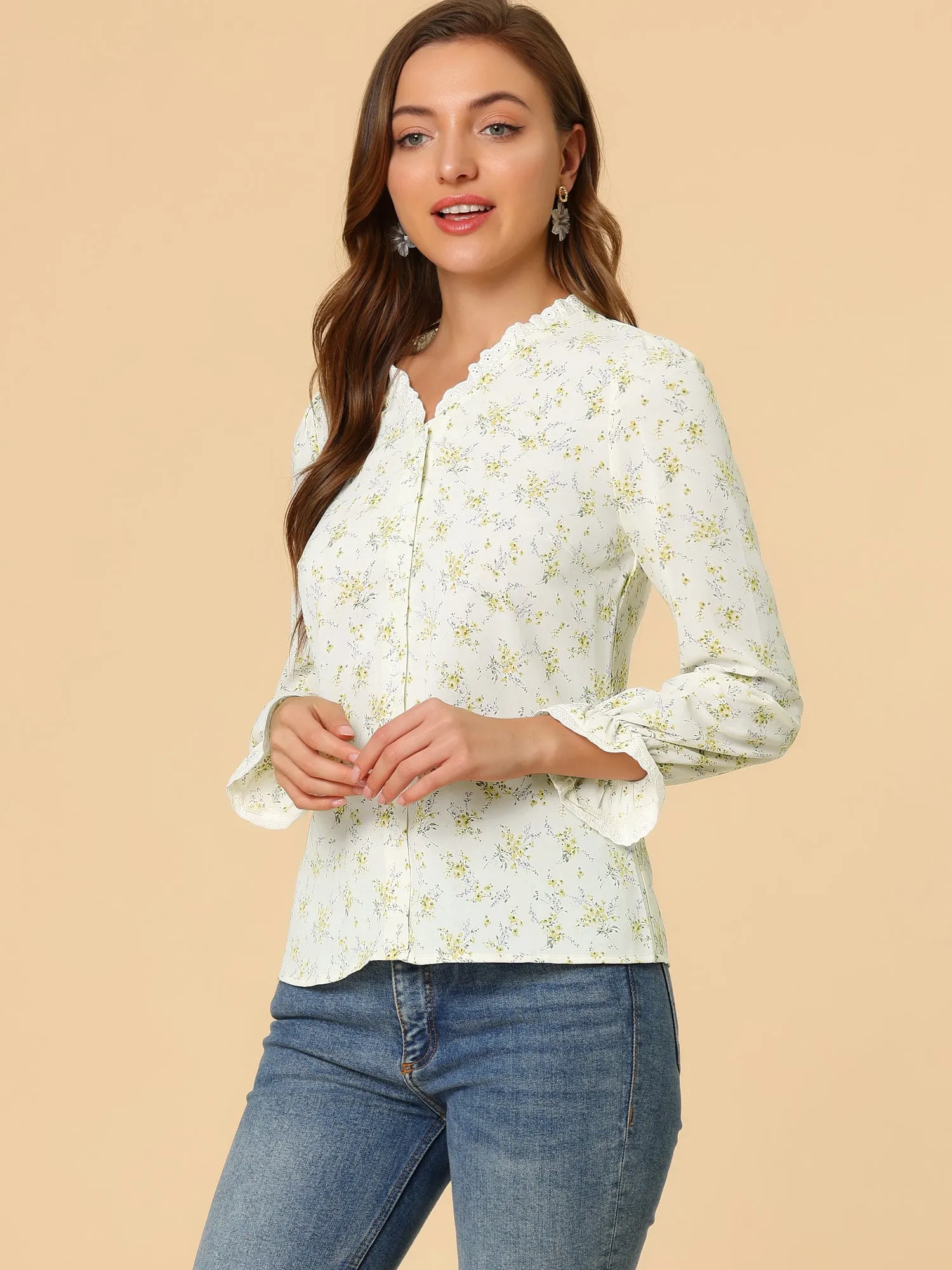 Ruffled Floral Blouse Crochet Trim V Neck Long Sleeve Chiffon Top sold by Allegra K product image thumbnail 5