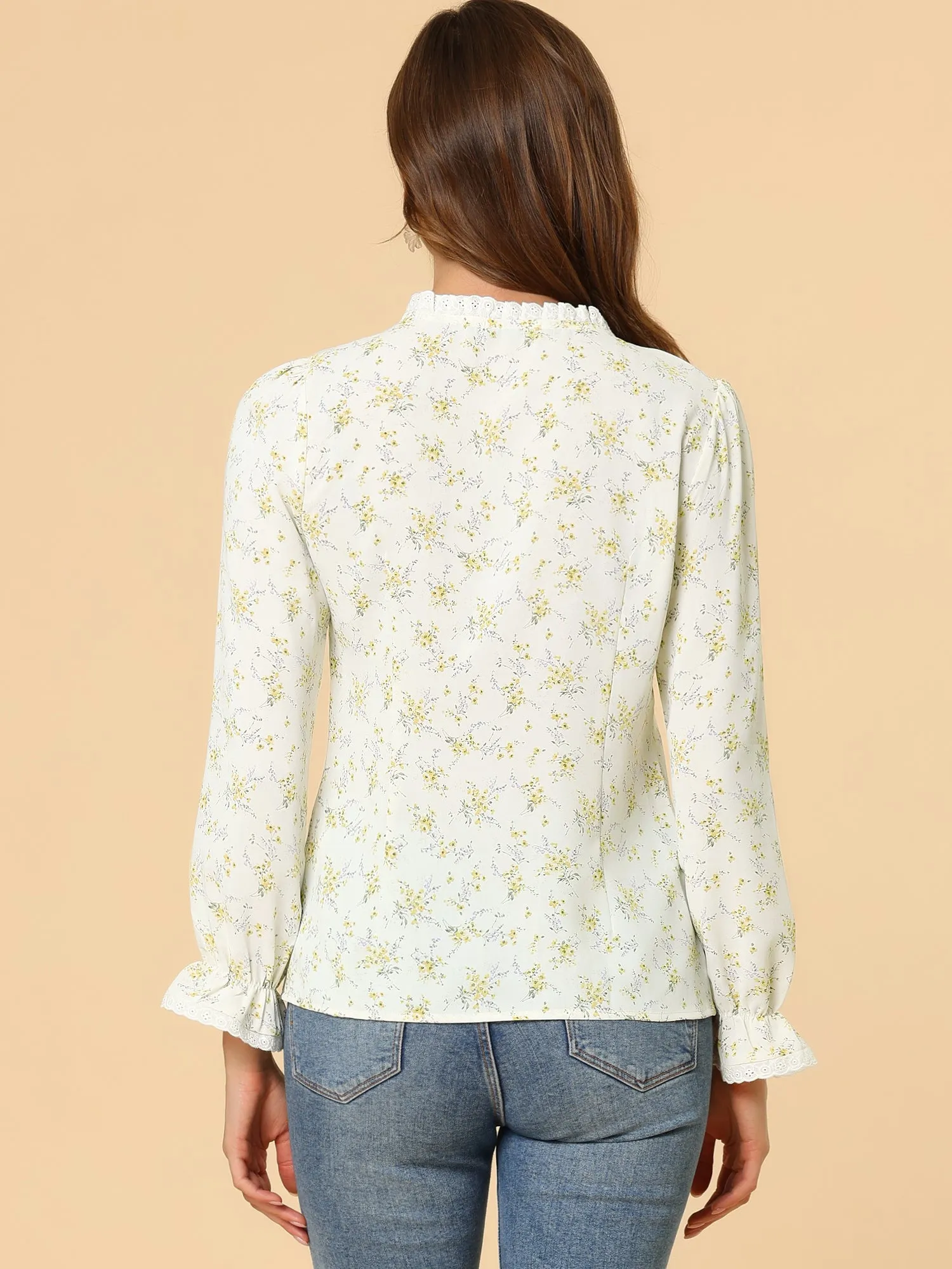 Ruffled Floral Blouse Crochet Trim V Neck Long Sleeve Chiffon Top sold by Allegra K product image thumbnail 3