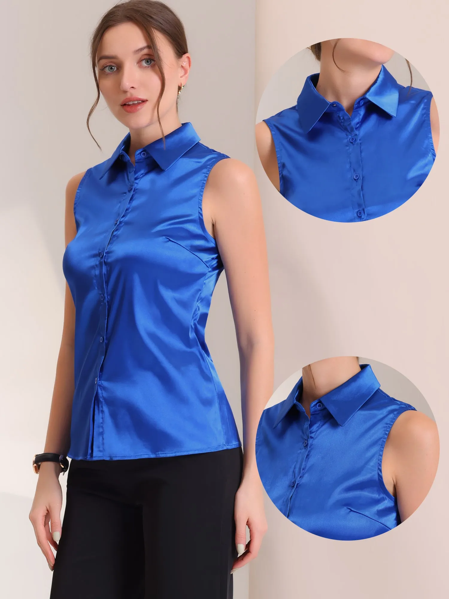 Satin Silky Button Down Shirt Formal Work Sleeveless Blouse sold by Allegra K product image thumbnail 2