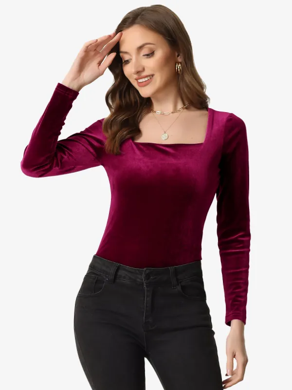 Long Sleeve Velvet Square Neck Casual T-Shirt Blouse sold by Allegra K