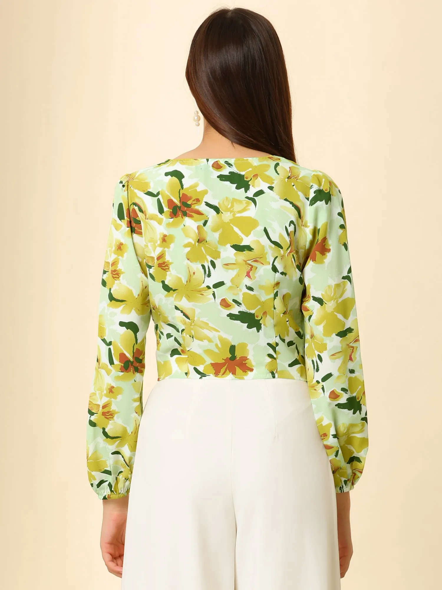 V Neck Pleated Waist Lantern Long Sleeve Floral Print Crop Top sold by Allegra K product image thumbnail 5