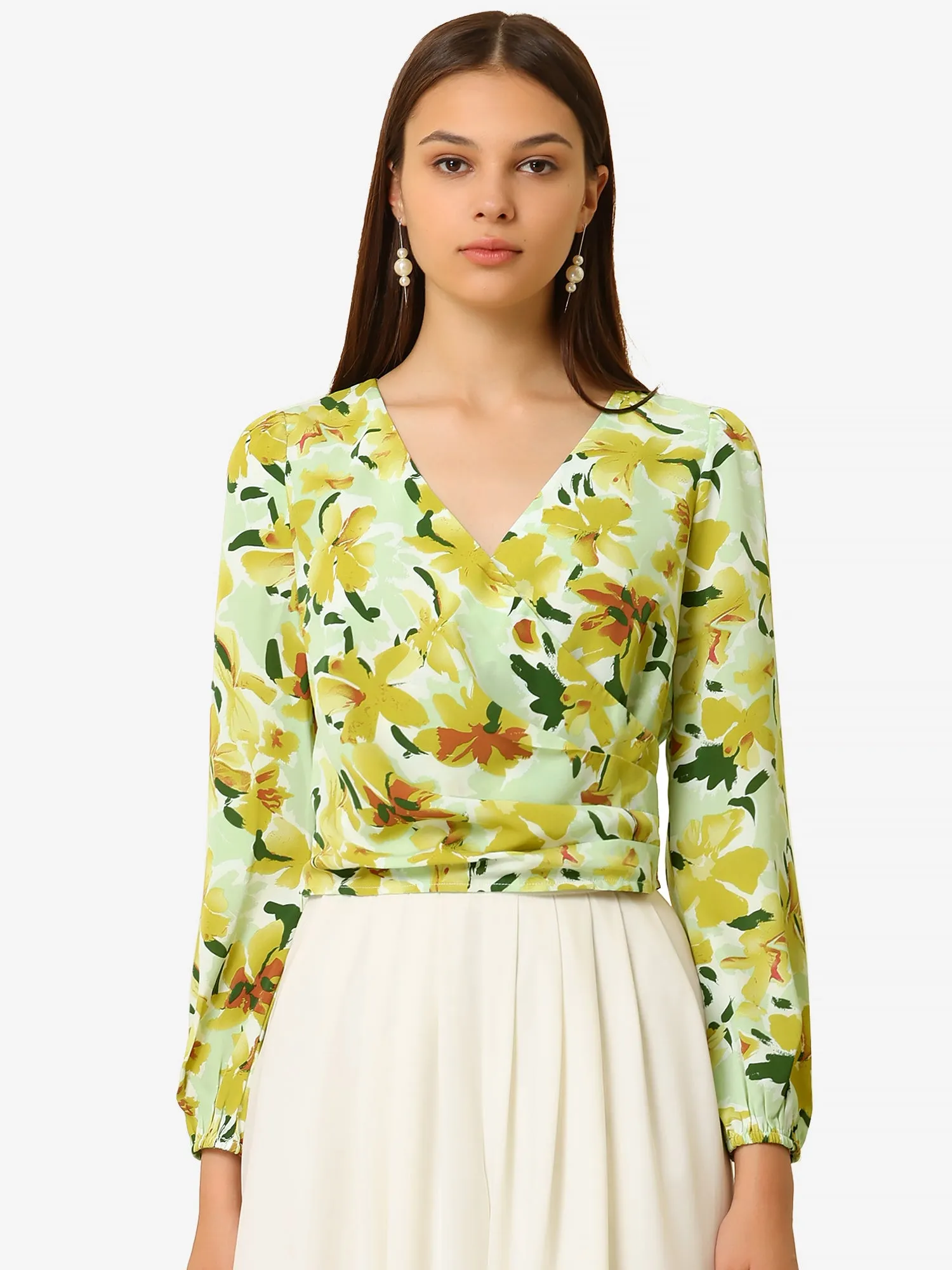 V Neck Pleated Waist Lantern Long Sleeve Floral Print Crop Top sold by Allegra K