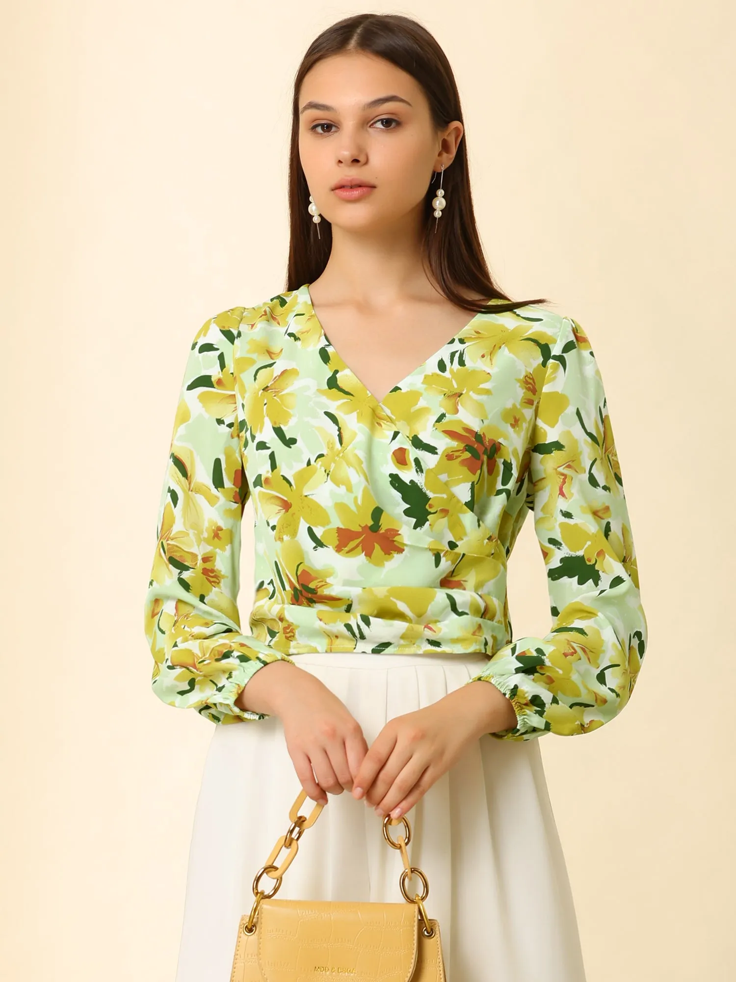 V Neck Pleated Waist Lantern Long Sleeve Floral Print Crop Top sold by Allegra K product image thumbnail 3