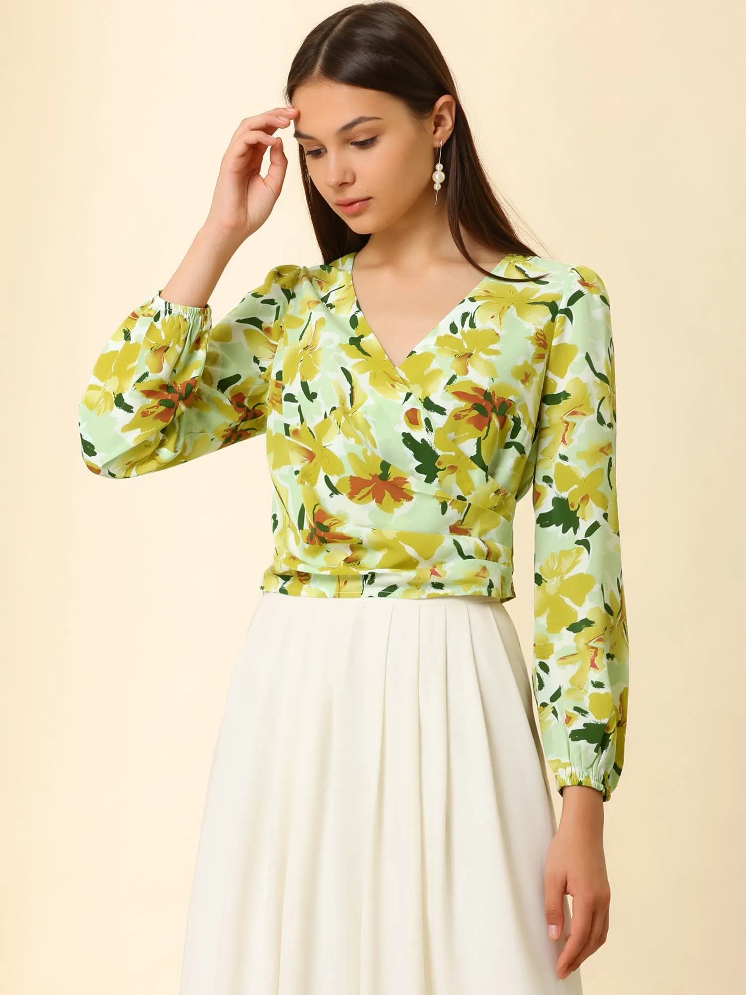 V Neck Pleated Waist Lantern Long Sleeve Floral Print Crop Top sold by Allegra K product image thumbnail 2