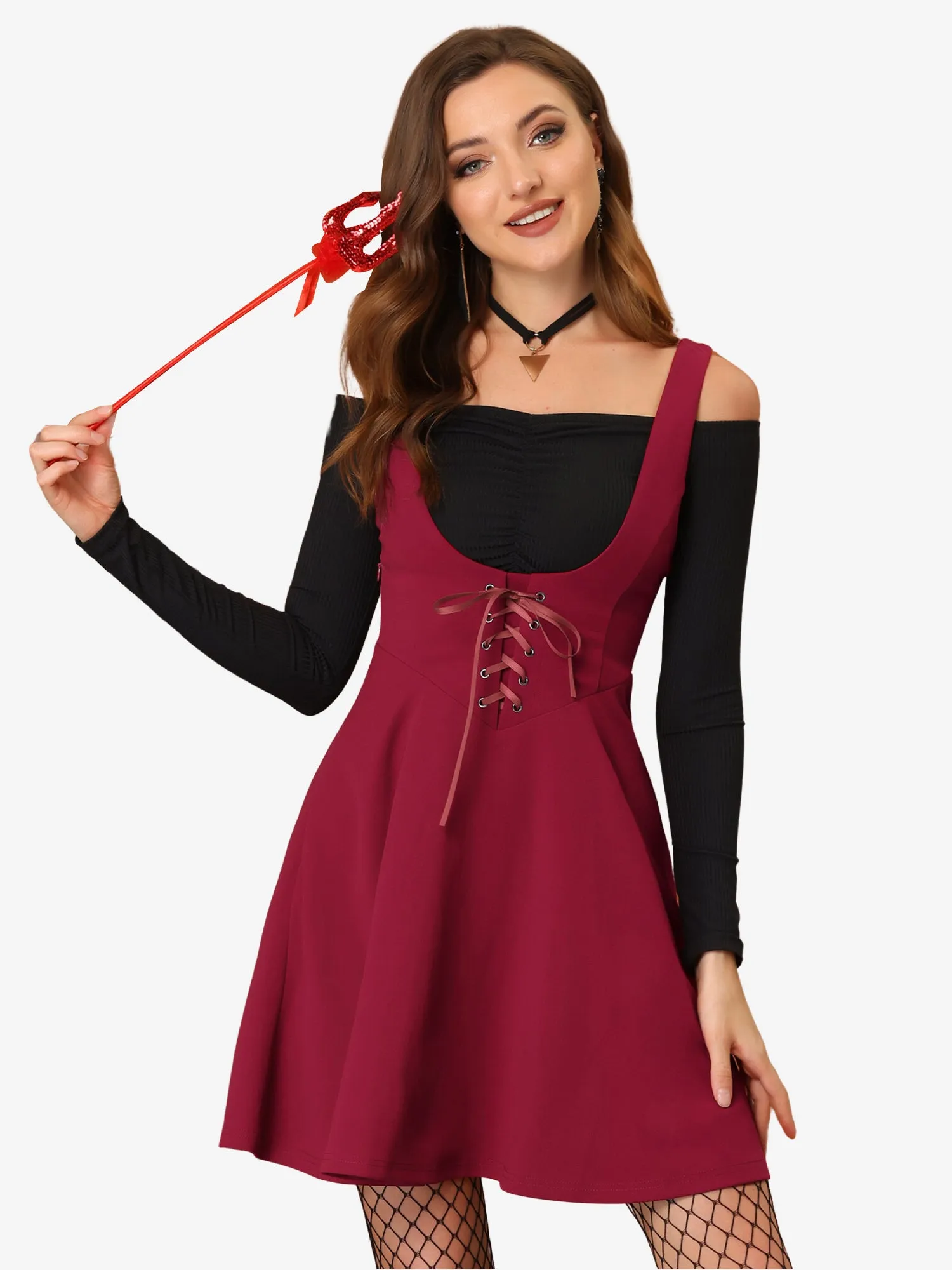 Halloween Suspender Gothic Lace Up A-Line Mini Overall Skirt sold by Allegra K product image thumbnail 5