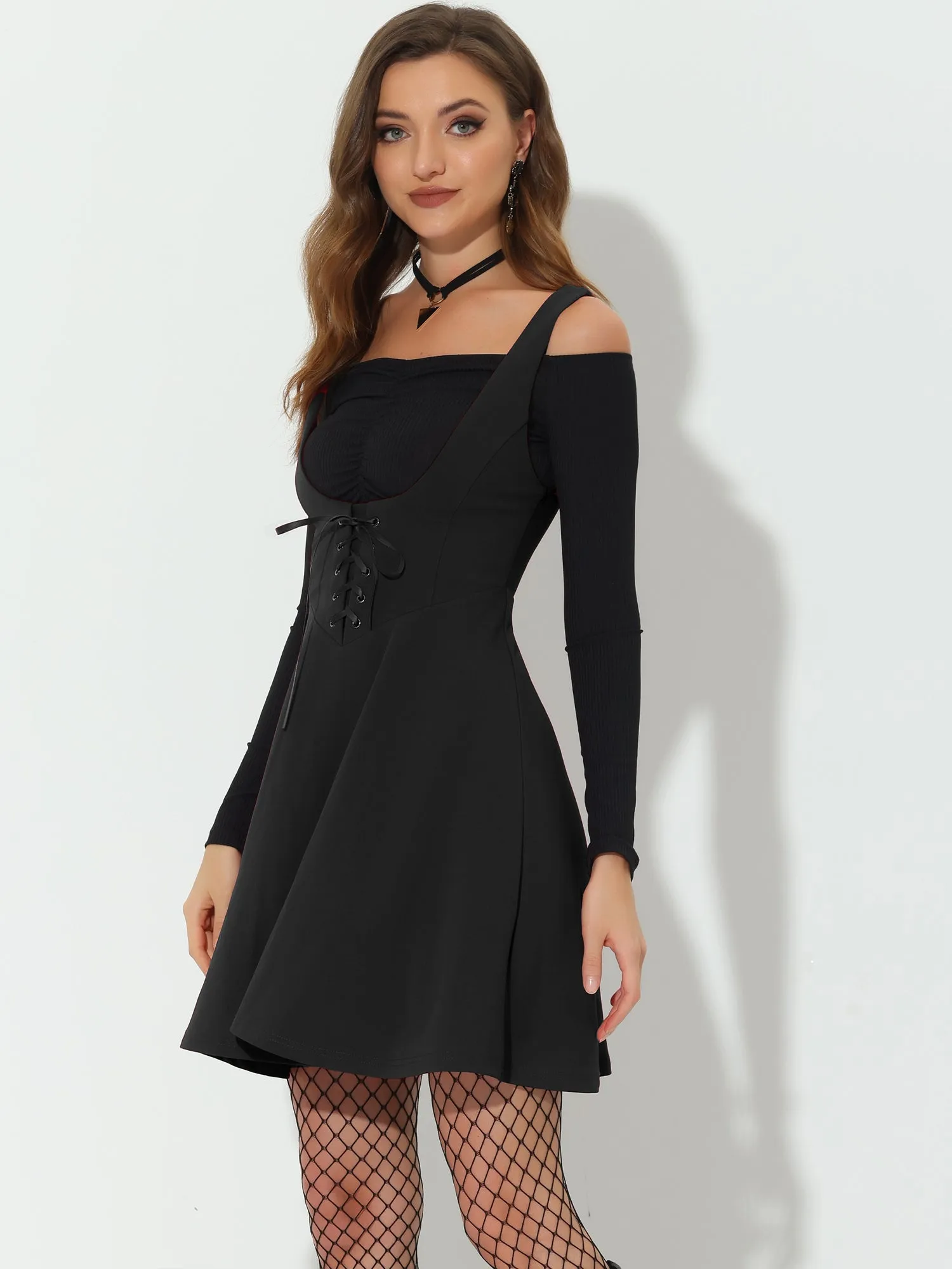 Halloween Suspender Gothic Lace Up A-Line Mini Overall Skirt sold by Allegra K product image thumbnail 2