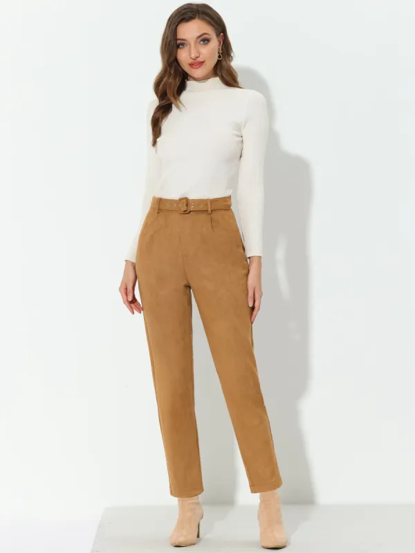Faux Suede Pants Casual High Waist Belted Straight Legs Trousers sold by Allegra K