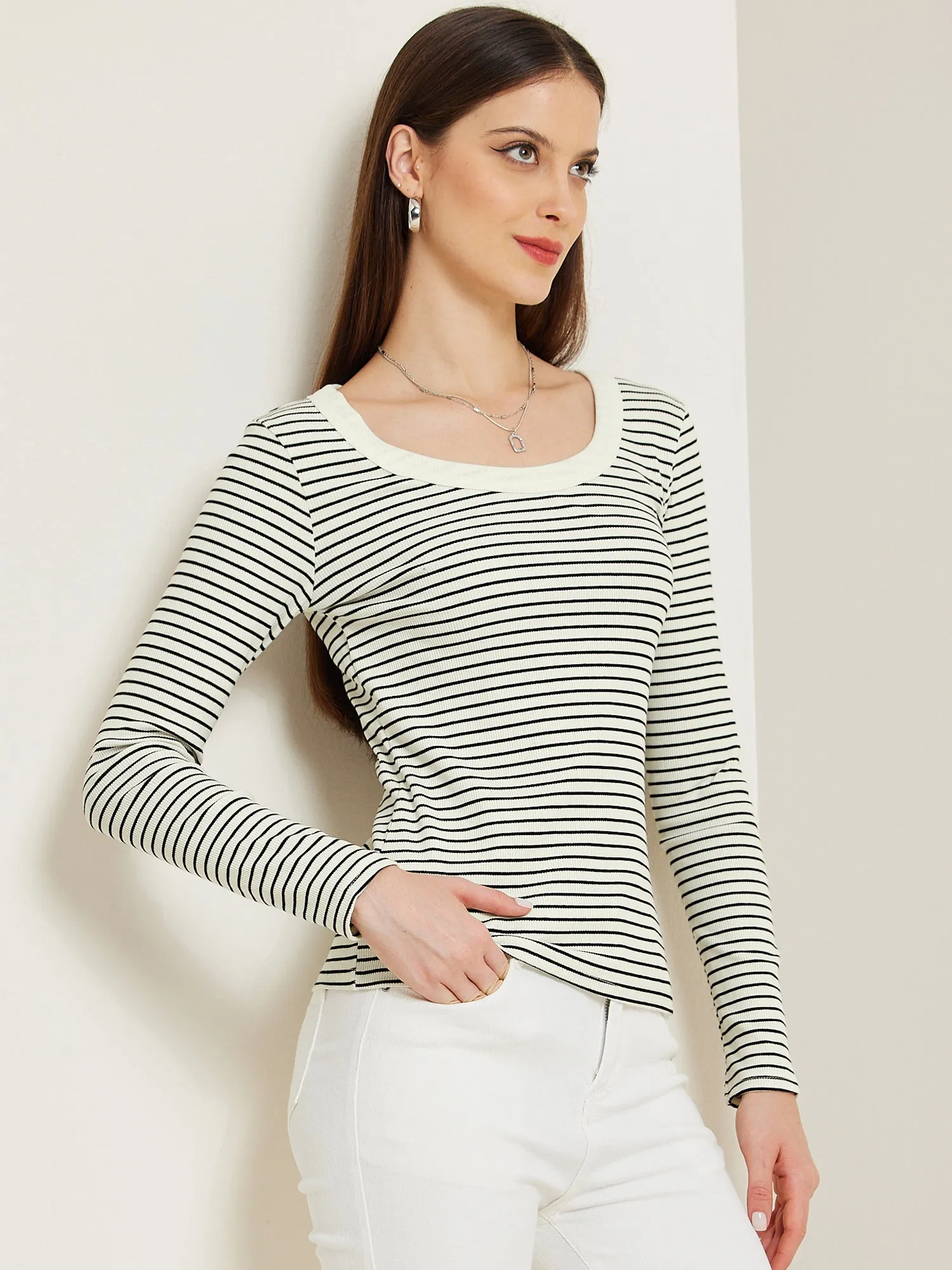 Stripe Stretch Scoop Neck Long Sleeve Casual Basic Top sold by Allegra K