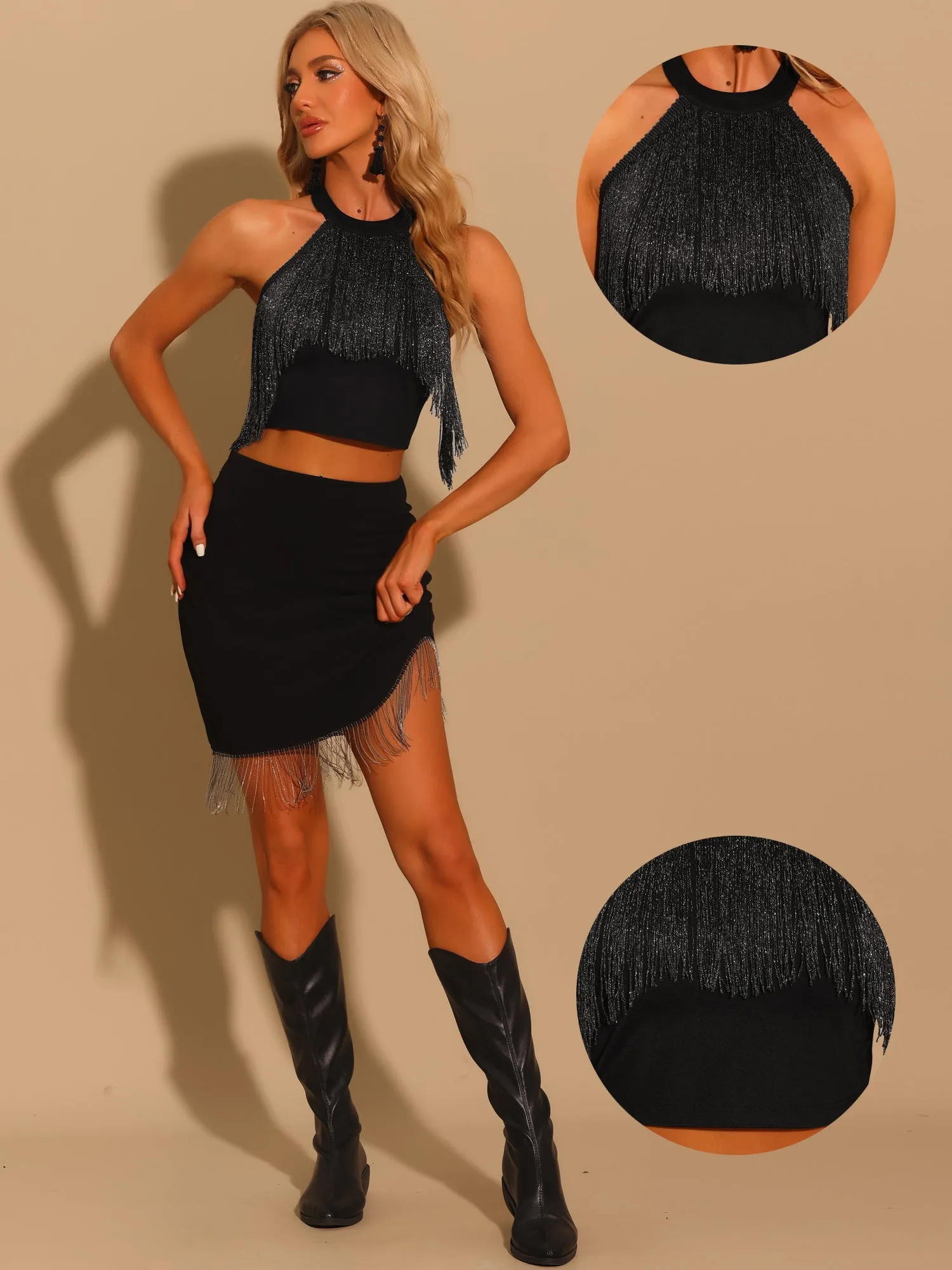 Fringe Sparkly Sleeveless Tie Halter Neck Corset Tank Top sold by Allegra K product image thumbnail 2