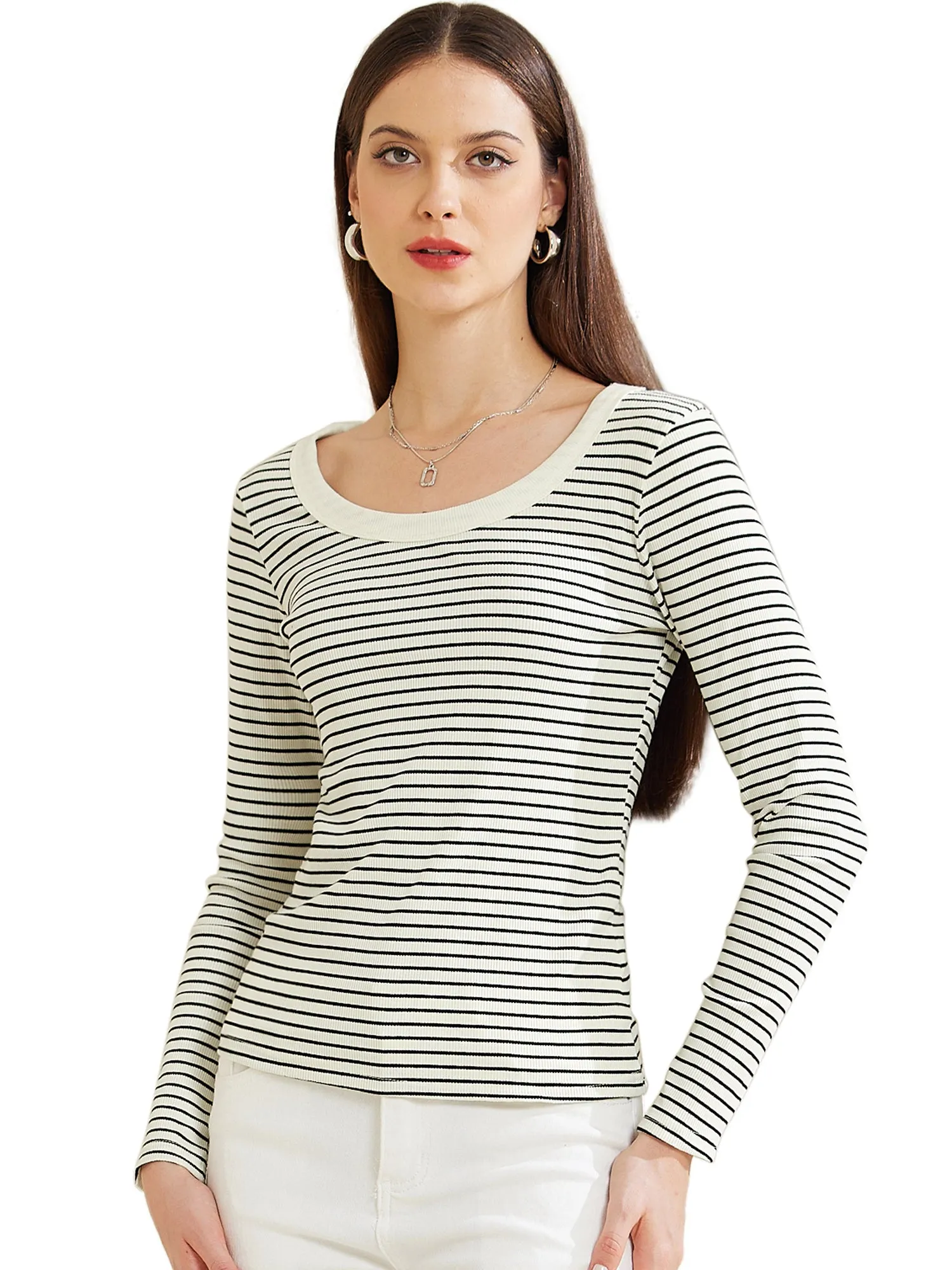 Stripe Stretch Scoop Neck Long Sleeve Casual Basic Top sold by Allegra K product image thumbnail 5