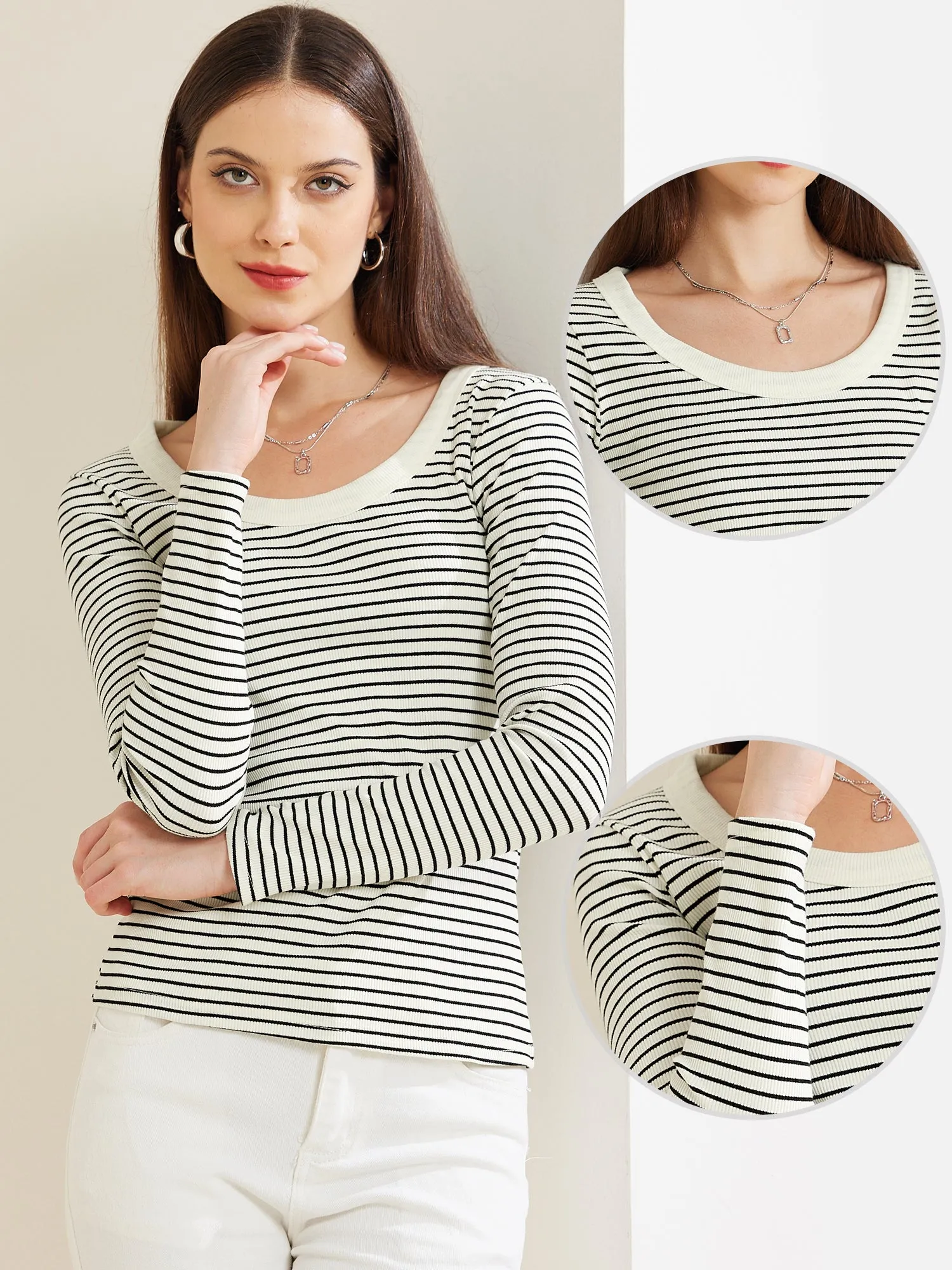 Stripe Stretch Scoop Neck Long Sleeve Casual Basic Top sold by Allegra K product image thumbnail 2