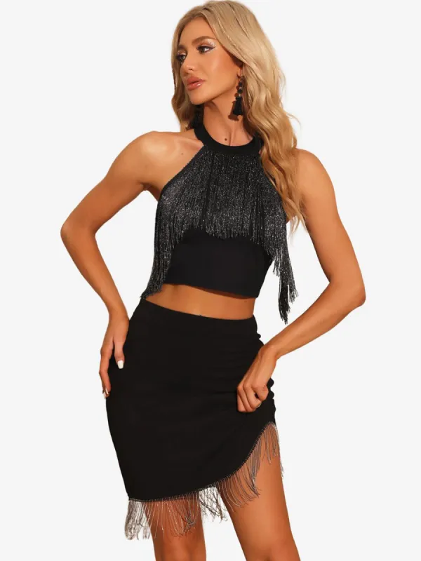 Fringe Sparkly Sleeveless Tie Halter Neck Corset Tank Top made by Allegra K