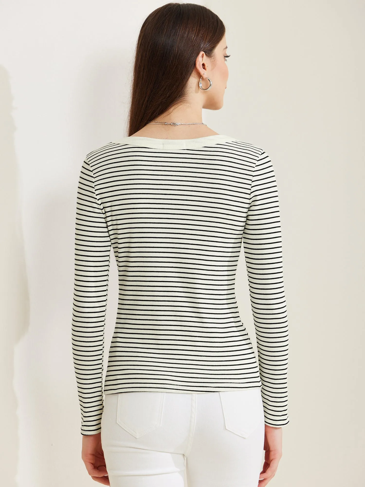 Stripe Stretch Scoop Neck Long Sleeve Casual Basic Top sold by Allegra K product image thumbnail 3