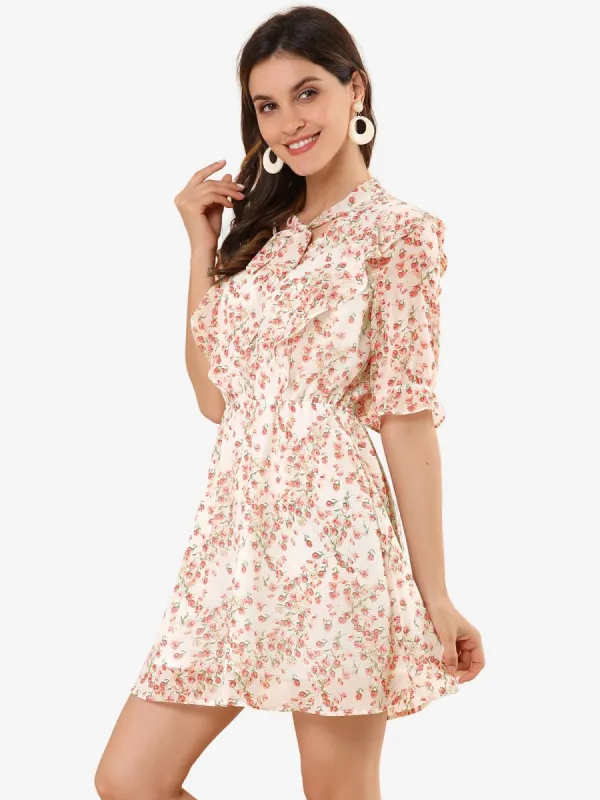 Floral Ruffled Front Elbow Sleeve Elastic Waist Flowy Bow Tie Dress sold by Allegra K