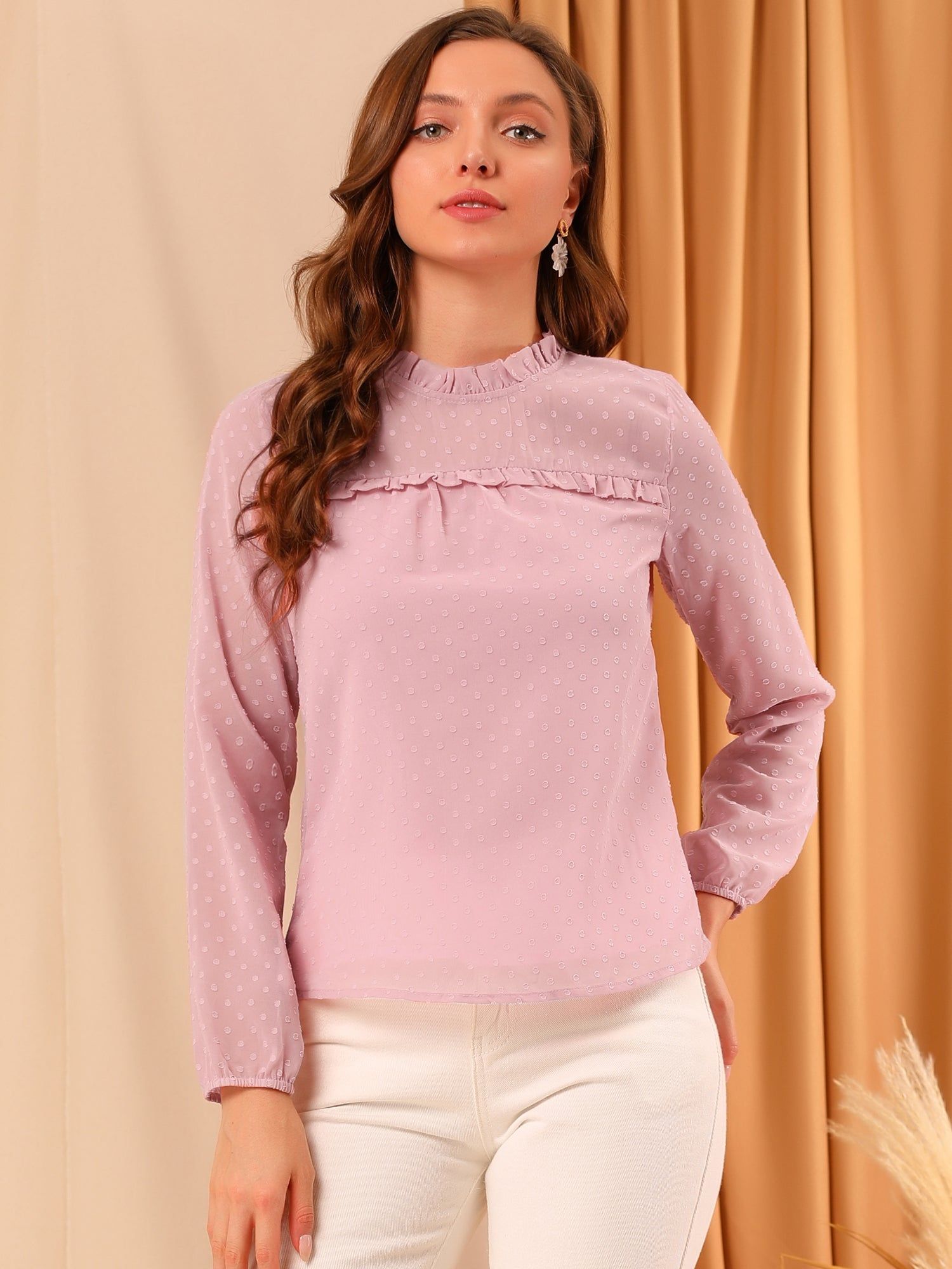 Ruffle Mock Neck Babydoll Swiss Dots Pom Pom Chiffon Blouse sold by Allegra K product image thumbnail 2