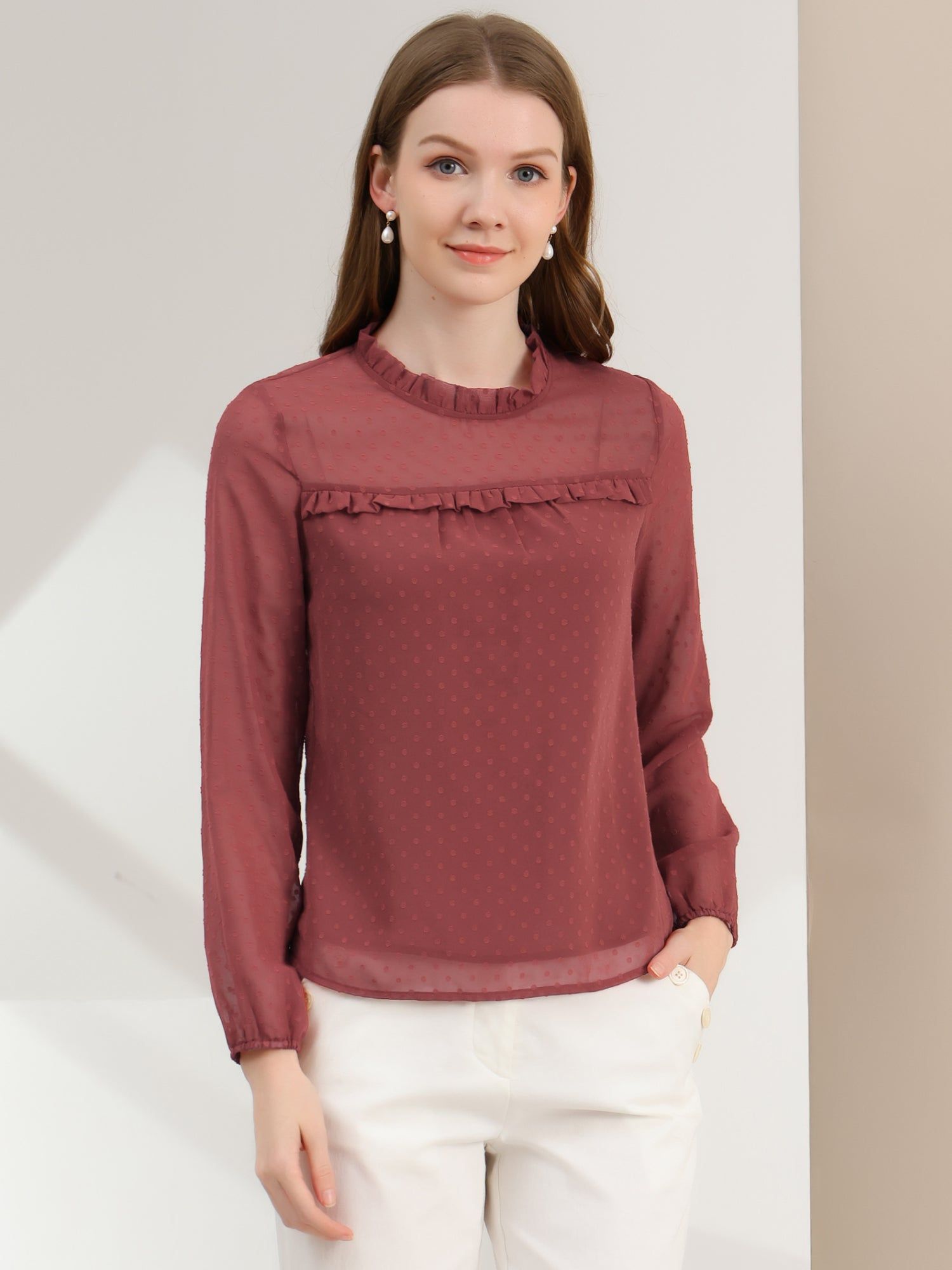 Ruffle Mock Neck Babydoll Swiss Dots Pom Pom Chiffon Blouse sold by Allegra K