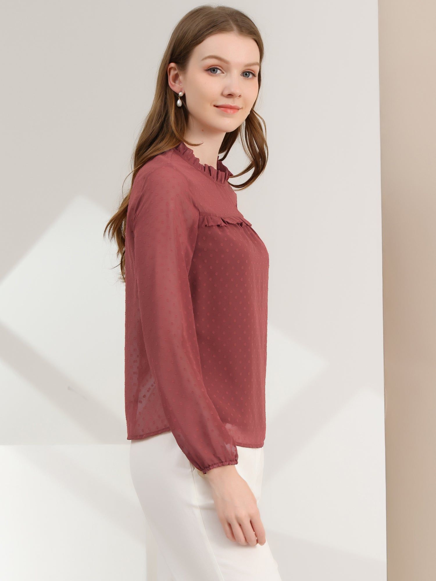 Ruffle Mock Neck Babydoll Swiss Dots Pom Pom Chiffon Blouse sold by Allegra K product image thumbnail 4