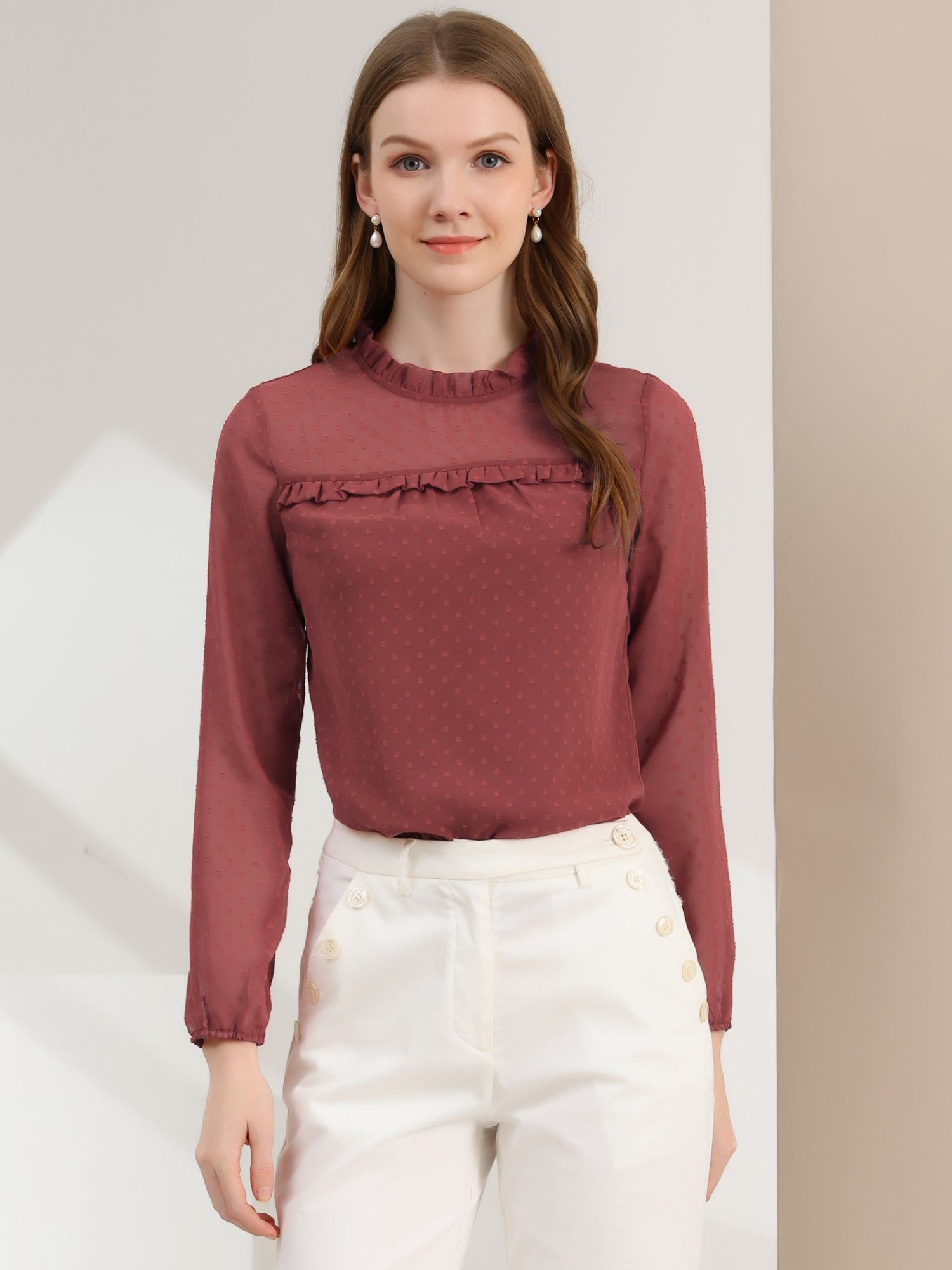 Ruffle Mock Neck Babydoll Swiss Dots Pom Pom Chiffon Blouse sold by Allegra K product image thumbnail 3